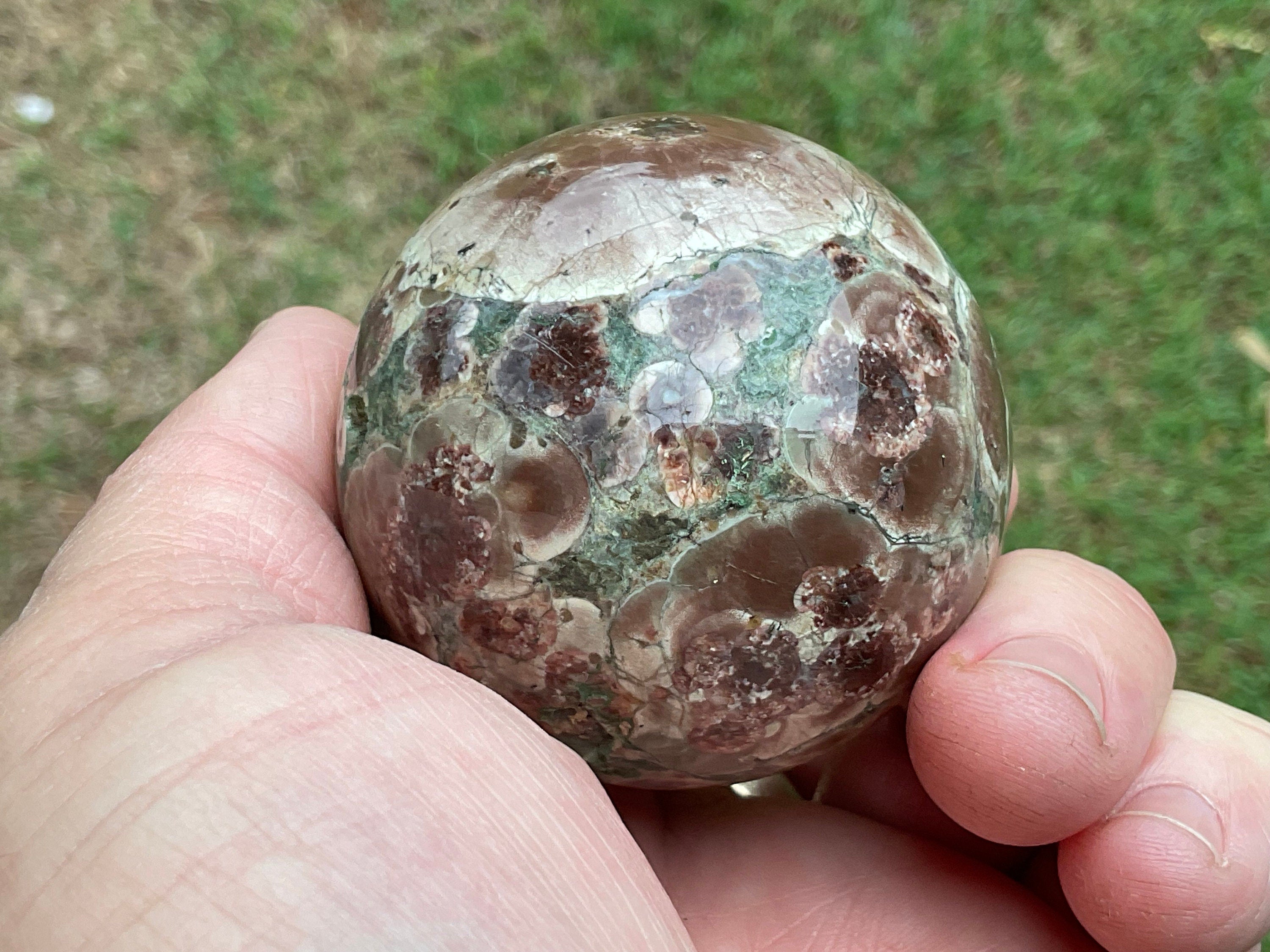 193g Green Cherry Blossom Jasper Sphere 1A