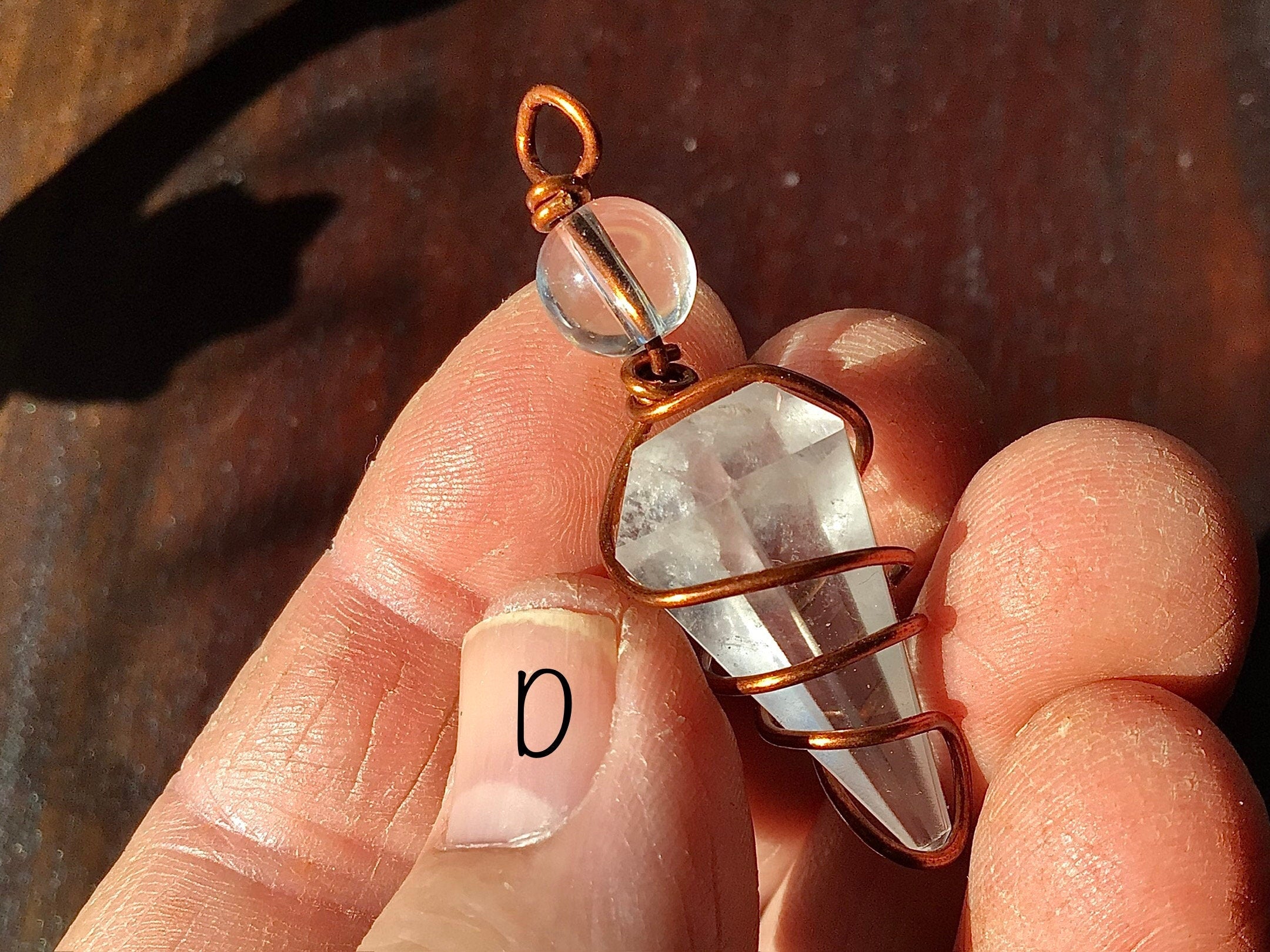 Clear Quartz Copper Wire Wrapped Pendulum Shaped Pendant 3D
