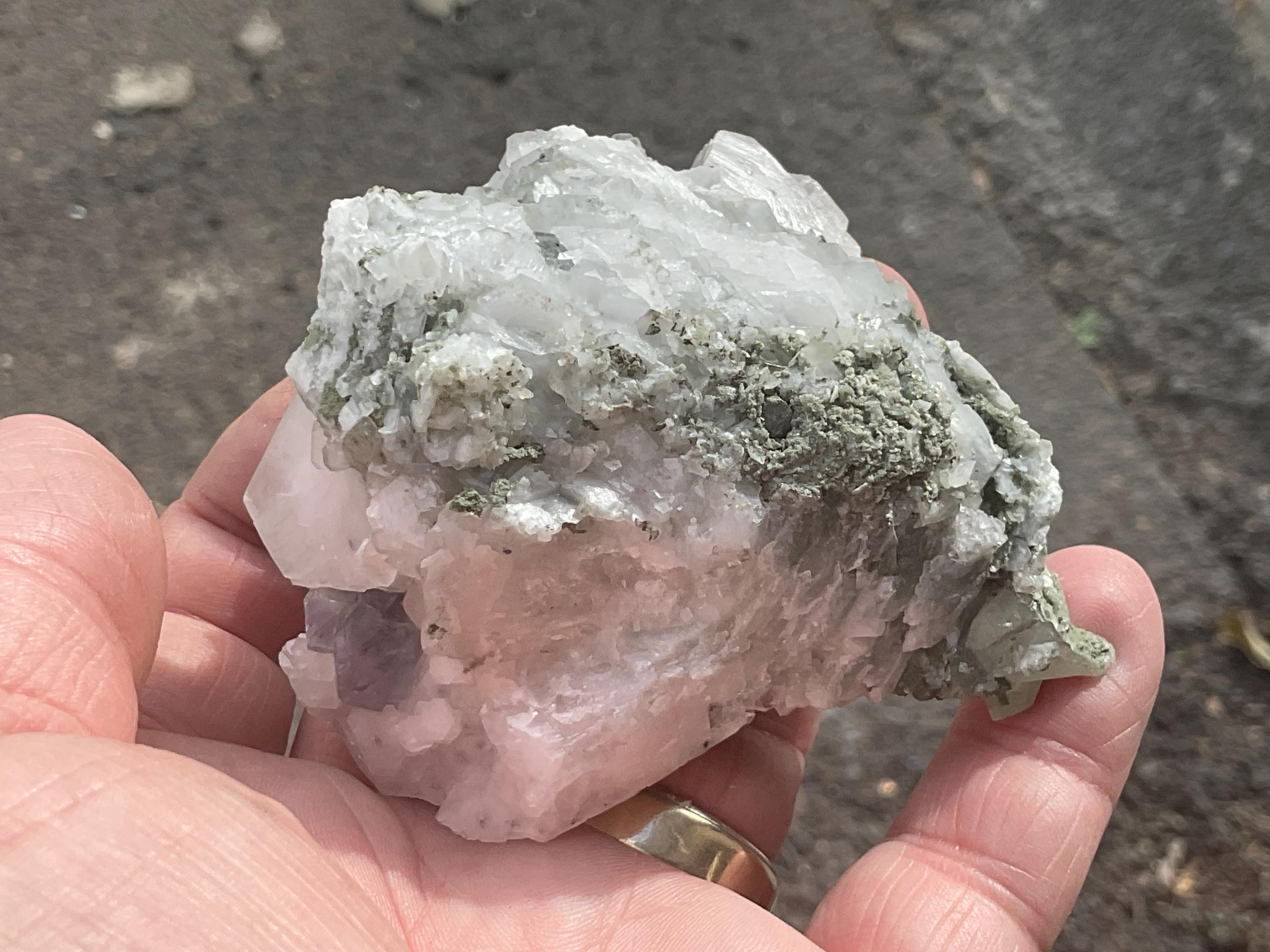 138g Hexagonal Flat Calcite on Chlorite Included Quartz Specimen C