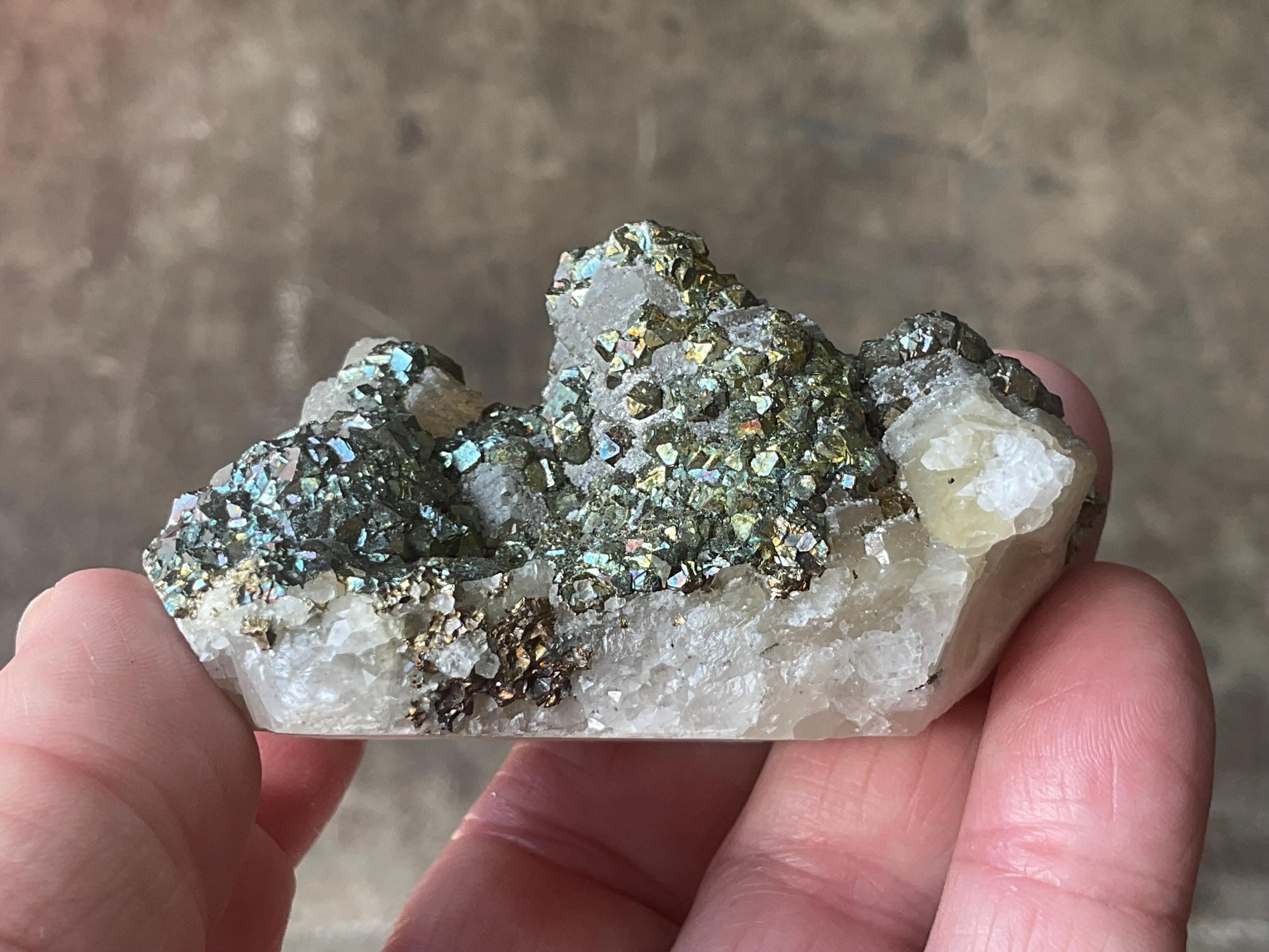 118g Iridescent Pyrite and Chalcopyrite on Stacked Calcite Specimen A from Inner Mongolia