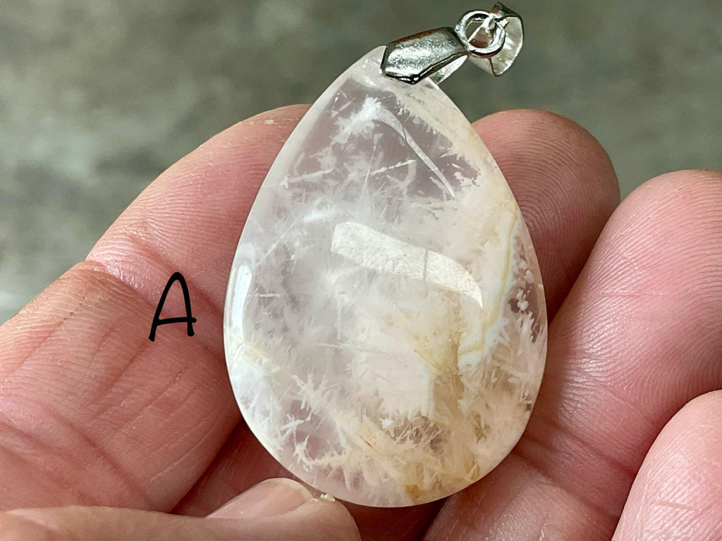 White Feather with Hematite Garden Quartz Pendant 2A