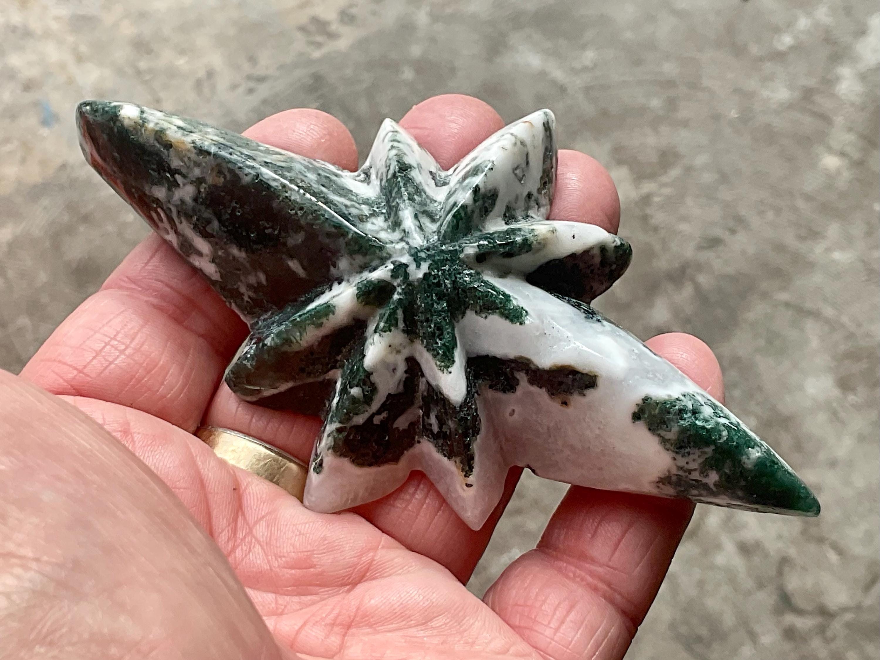 96g Moss Agate Polaris Carving with stand 2A