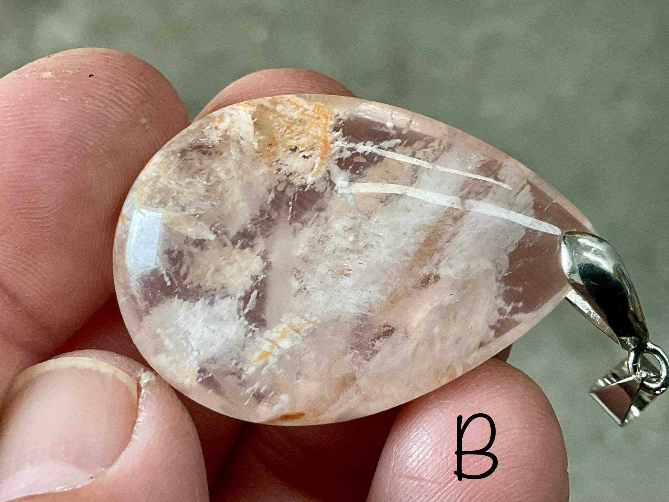 White Feather with Hematite Garden Quartz Pendant 3B