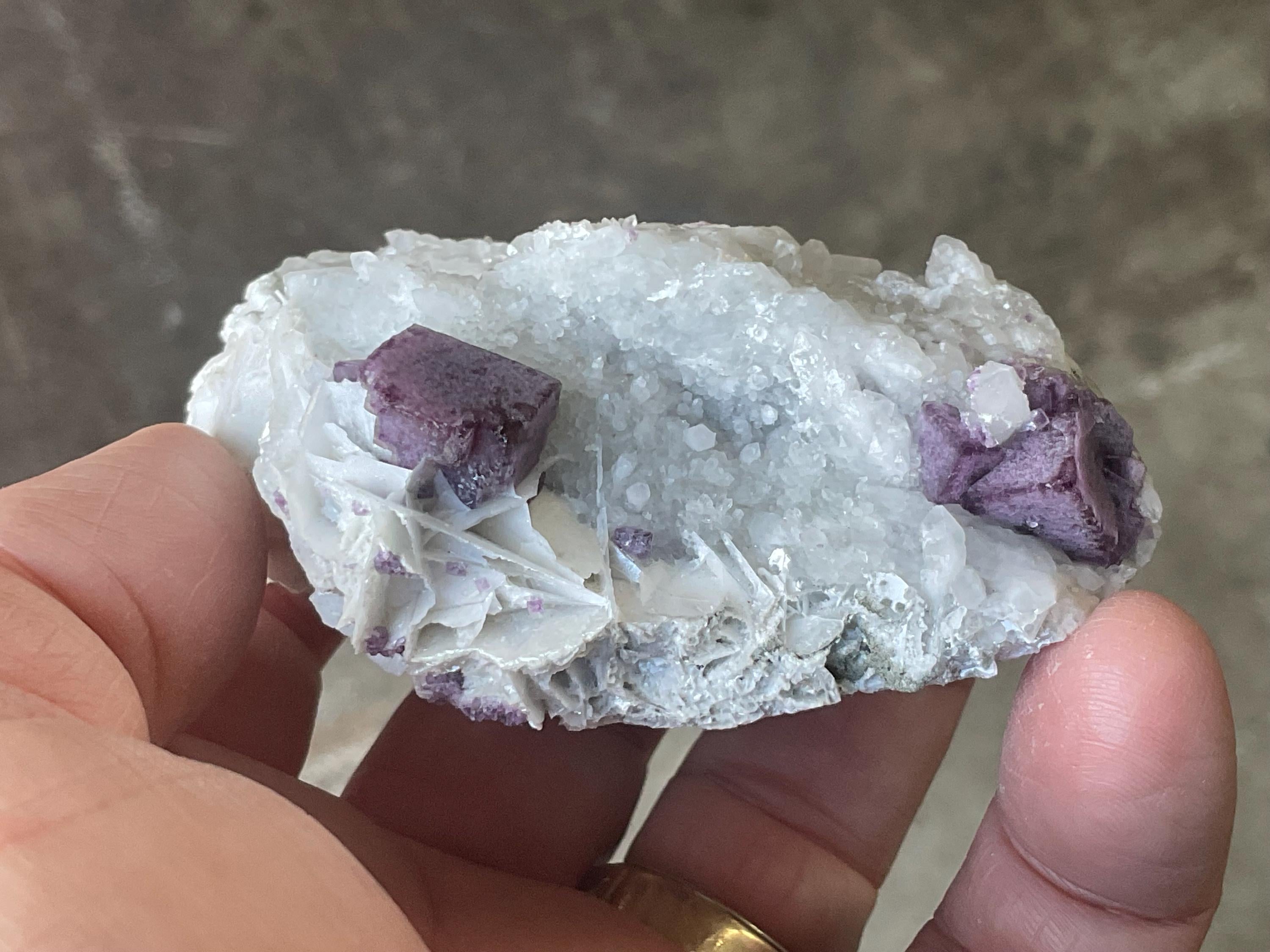 148g Cubic Purple Fluorite on Angel Wing Calcite and Quartz from Fujian, China