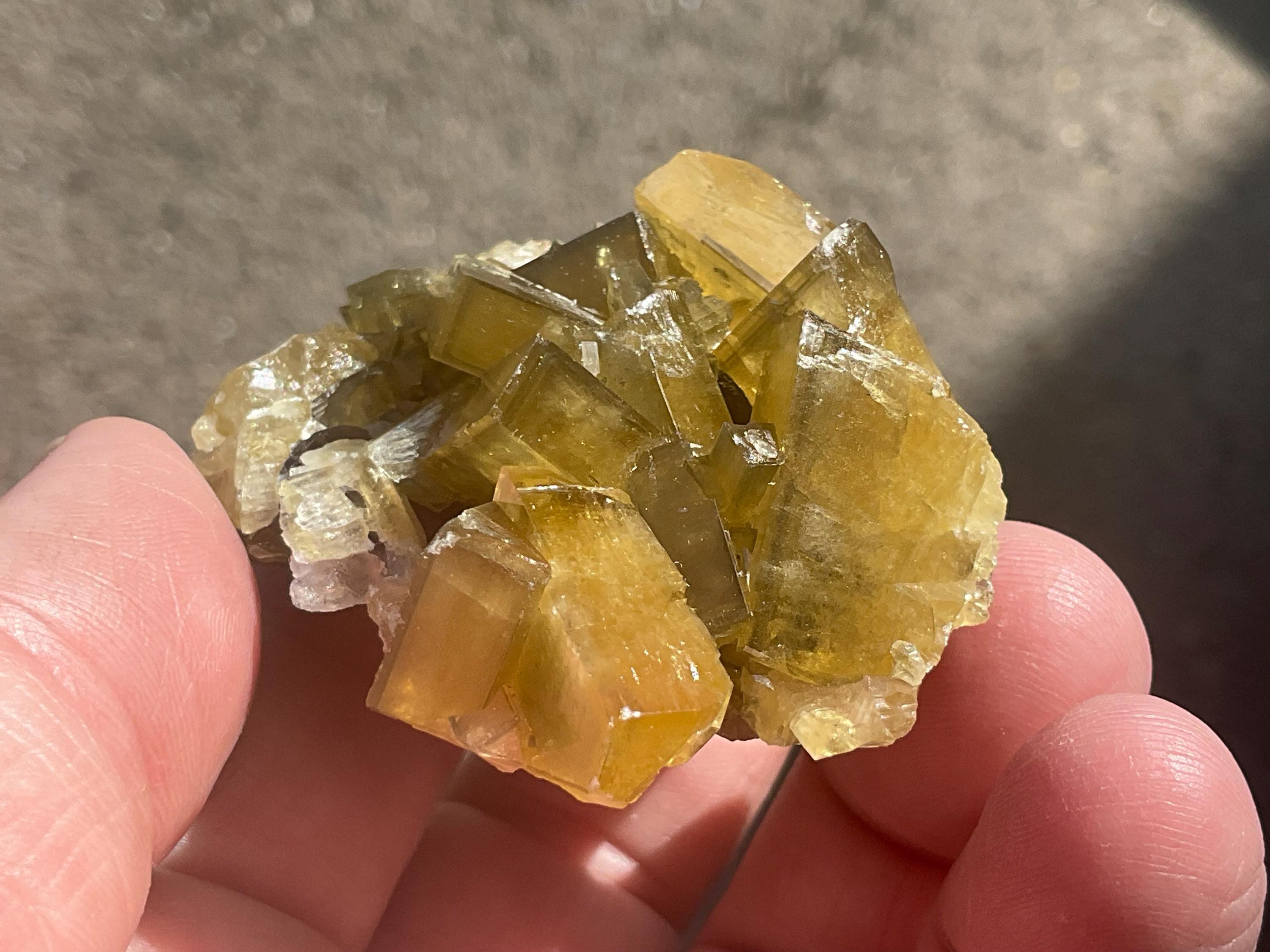 90g Tabular Golden Baryte on Botryoidal Fluorite Specimen 1B from Jiangxi