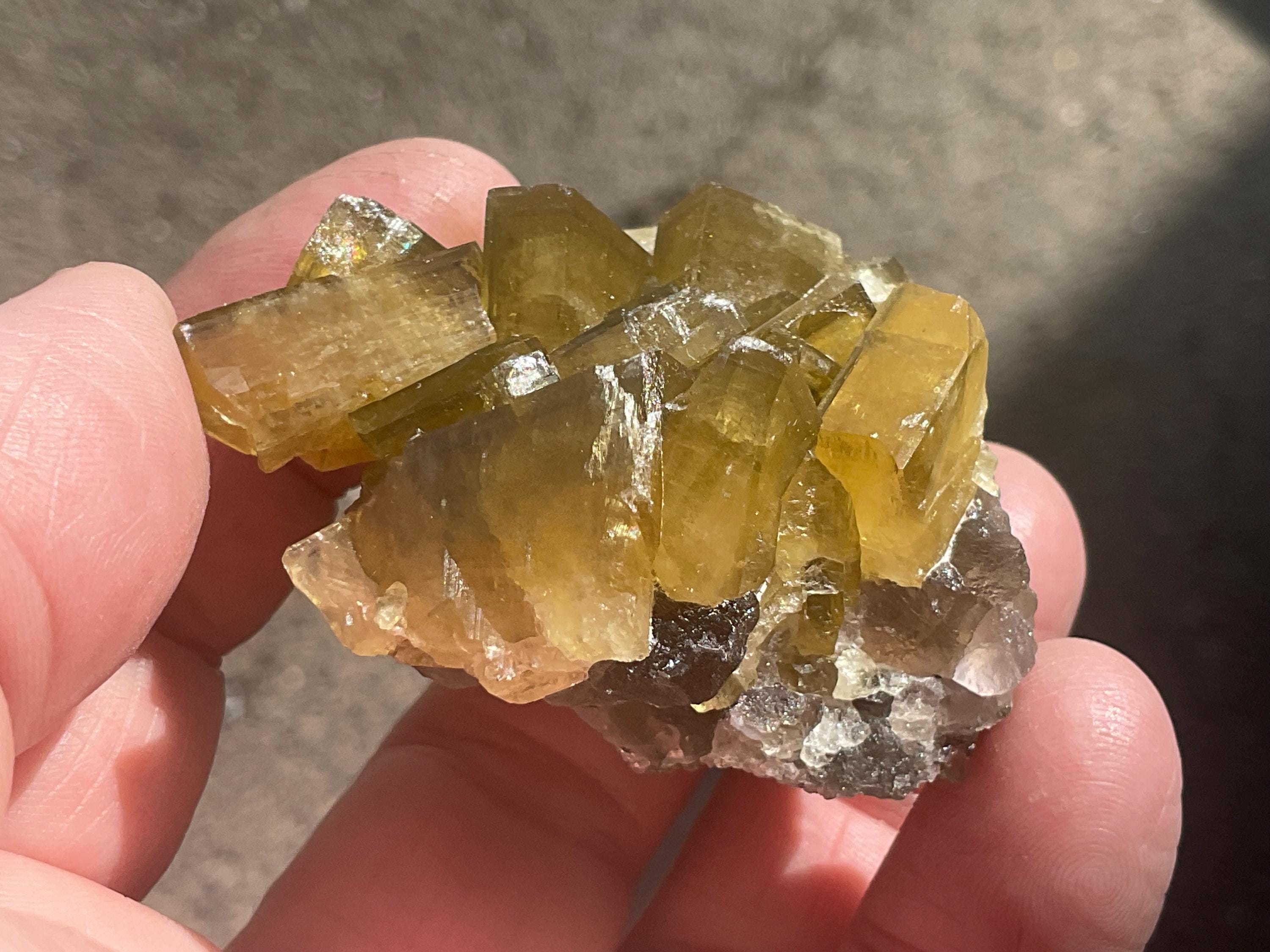 90g Tabular Golden Baryte on Botryoidal Fluorite Specimen 1B from Jiangxi