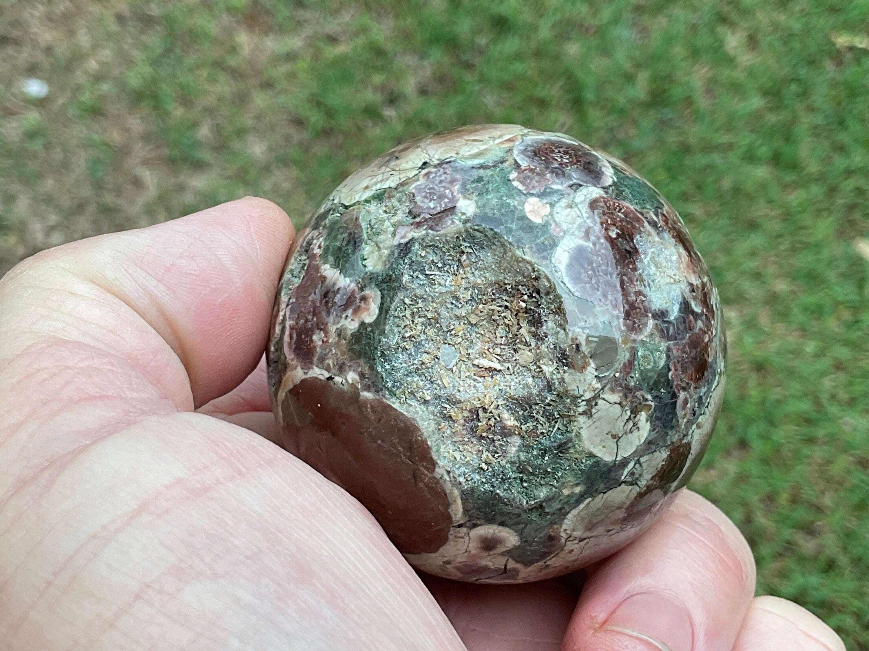 193g Green Cherry Blossom Jasper Sphere 1A