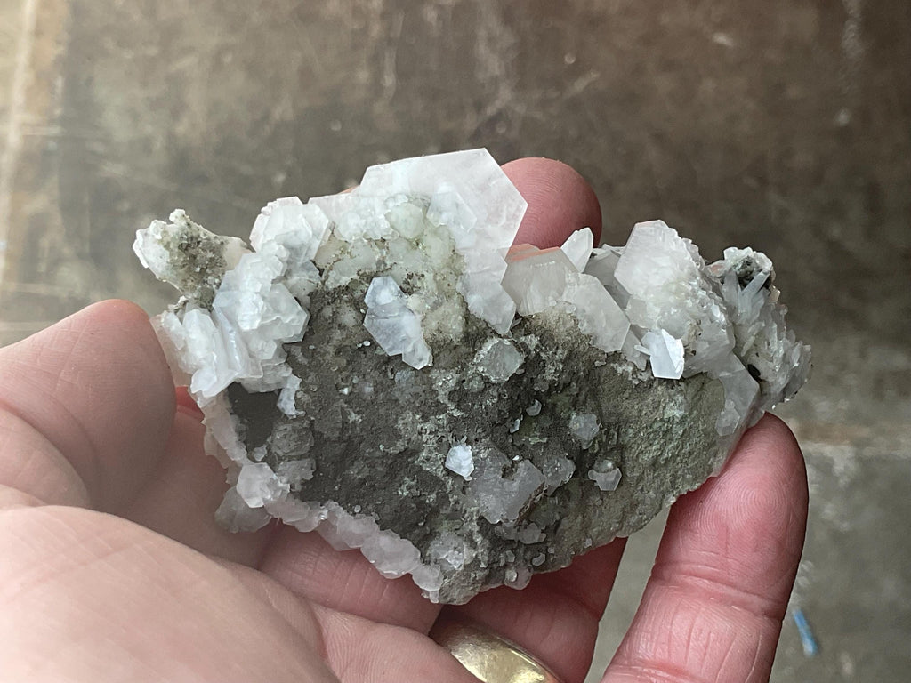 70g Hexagonal Flat Calcite on Chlorite Included Quartz Specimen A from Fujian, China