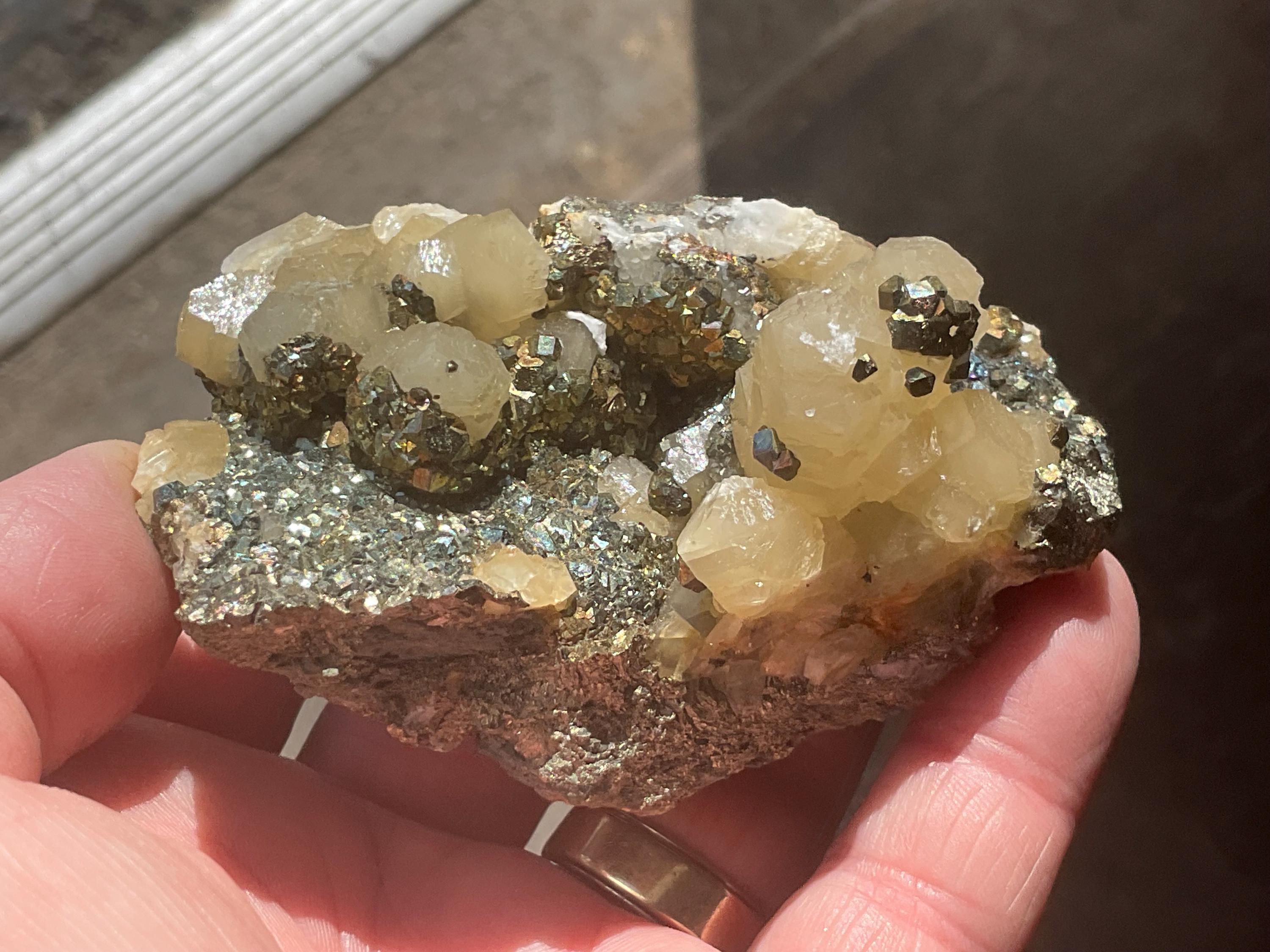 198g Iridescent Pyrite and Chalcopyrite on Calcite Specimen B from Inner Mongolia