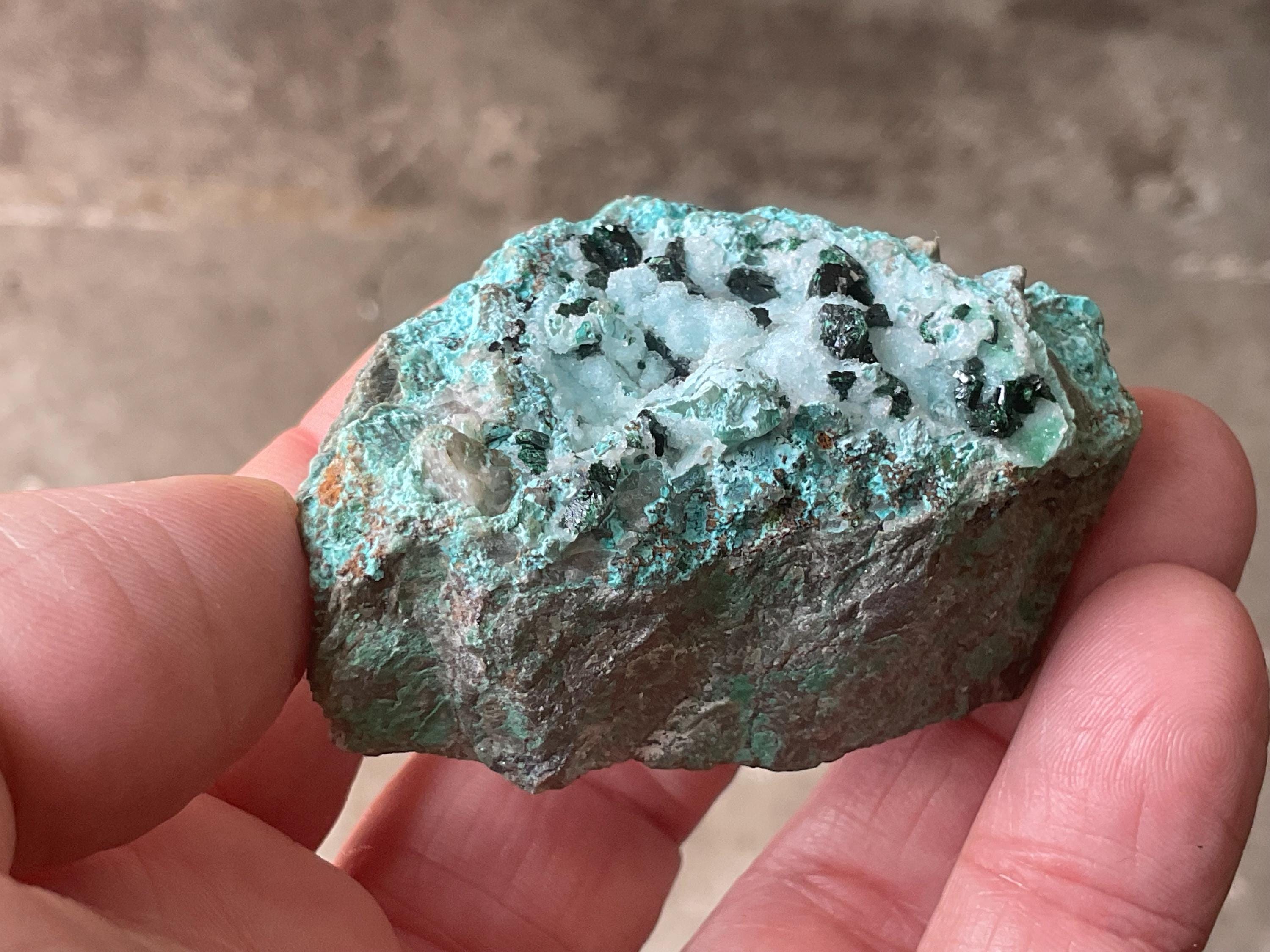 84g Libethenite, Chrysocolla, Malachite and Druzy Quartz Specimen A