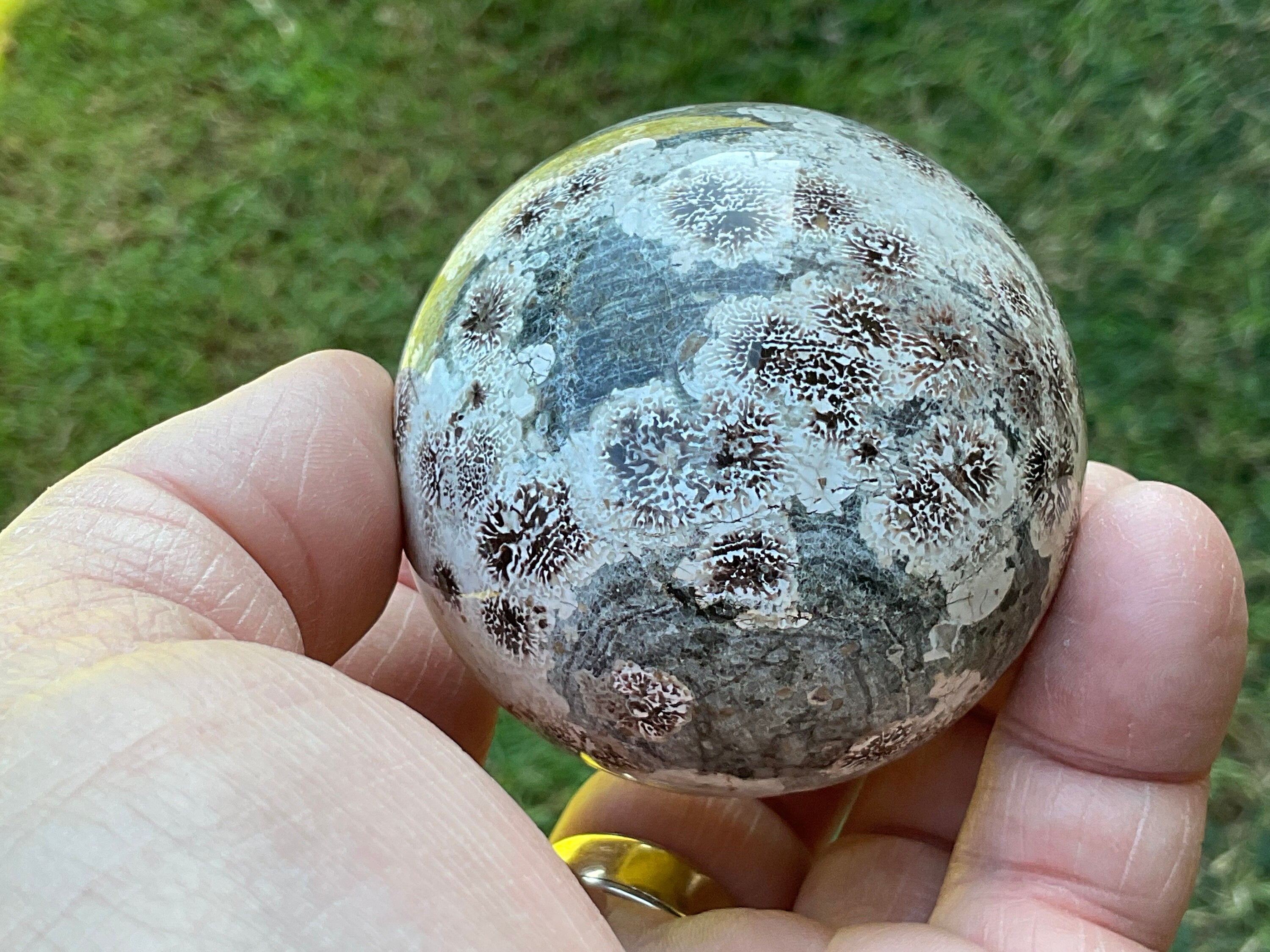217g Green Cherry Blossom Jasper Sphere 3A