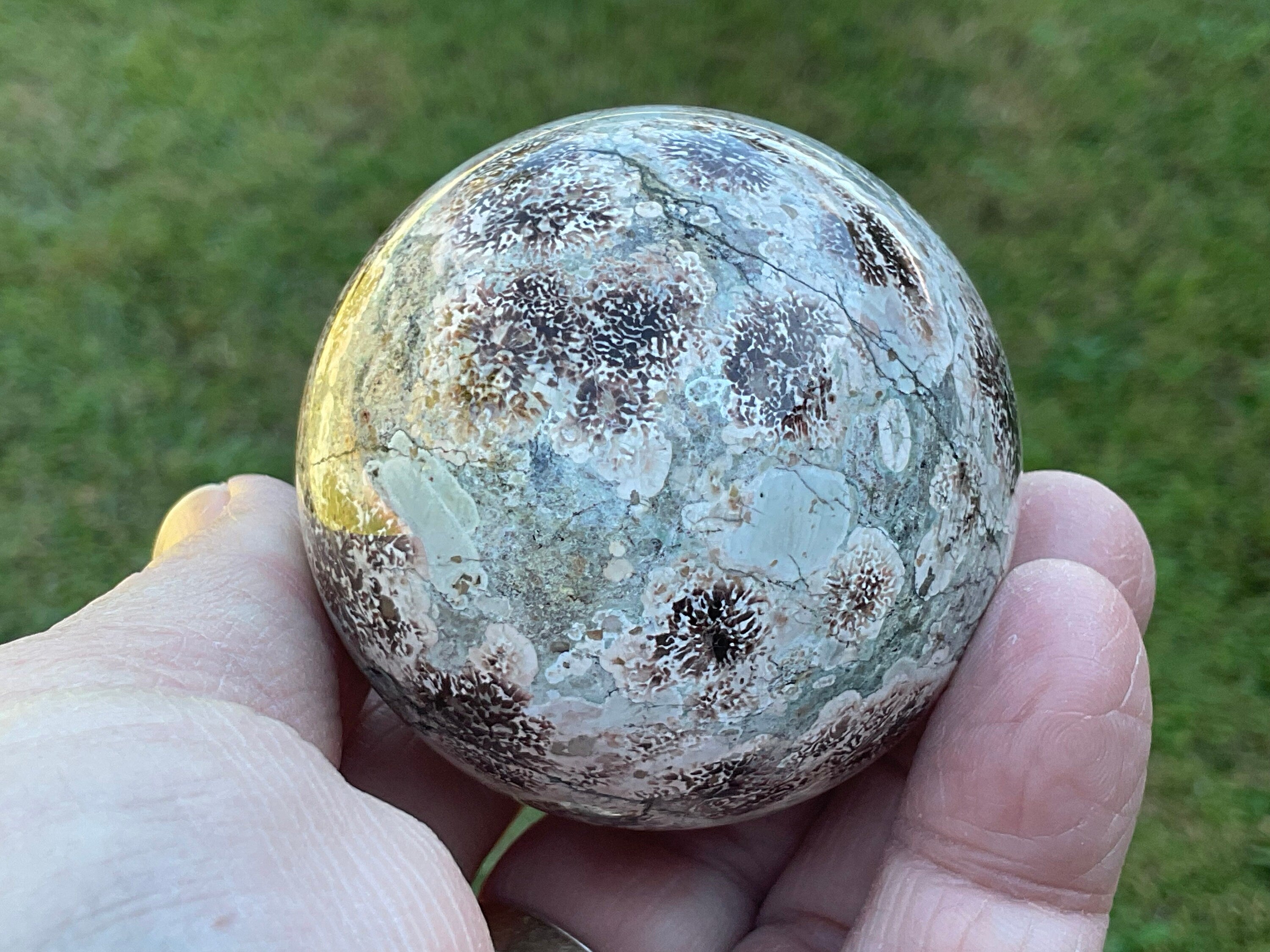 220g Green Cherry Blossom Jasper Sphere 5B