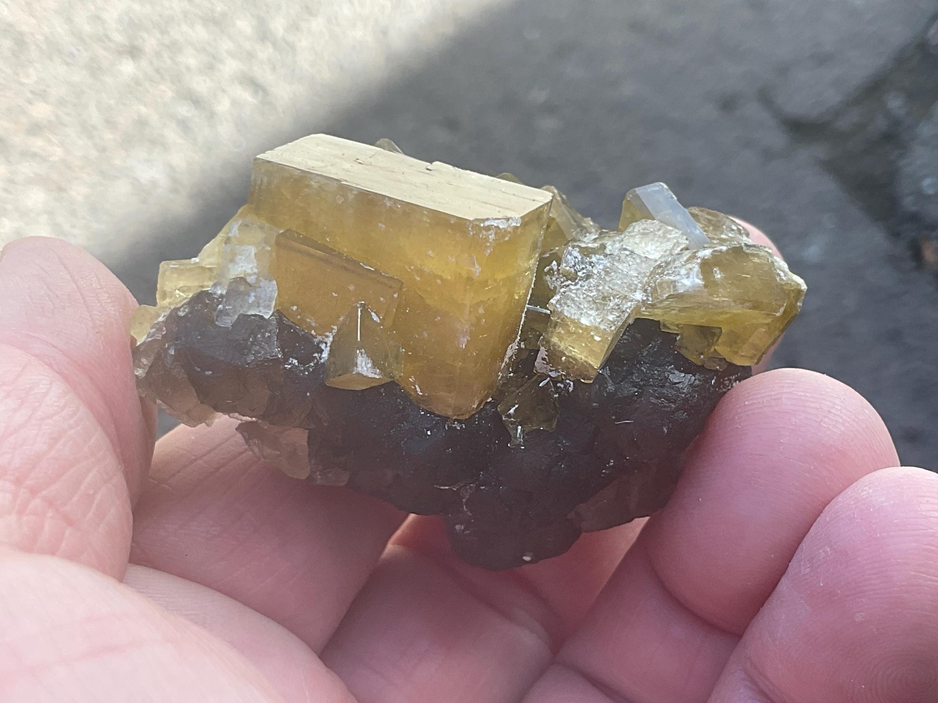 94g Tabular Golden Baryte on Botryoidal Fluorite Specimen 2B from Jiangxi