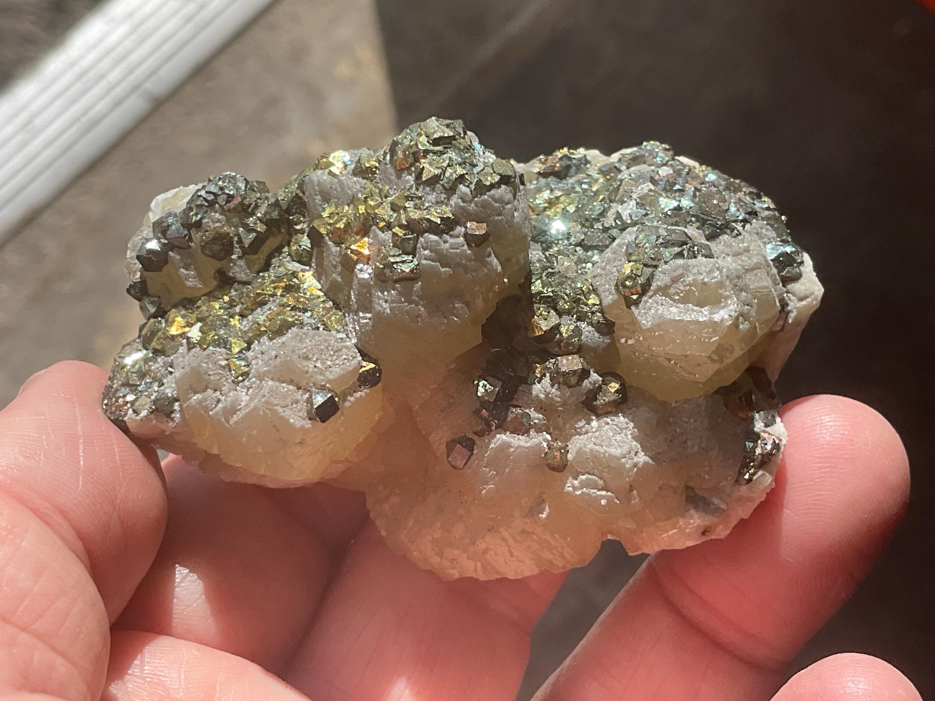 118g Iridescent Pyrite and Chalcopyrite on Stacked Calcite Specimen A from Inner Mongolia