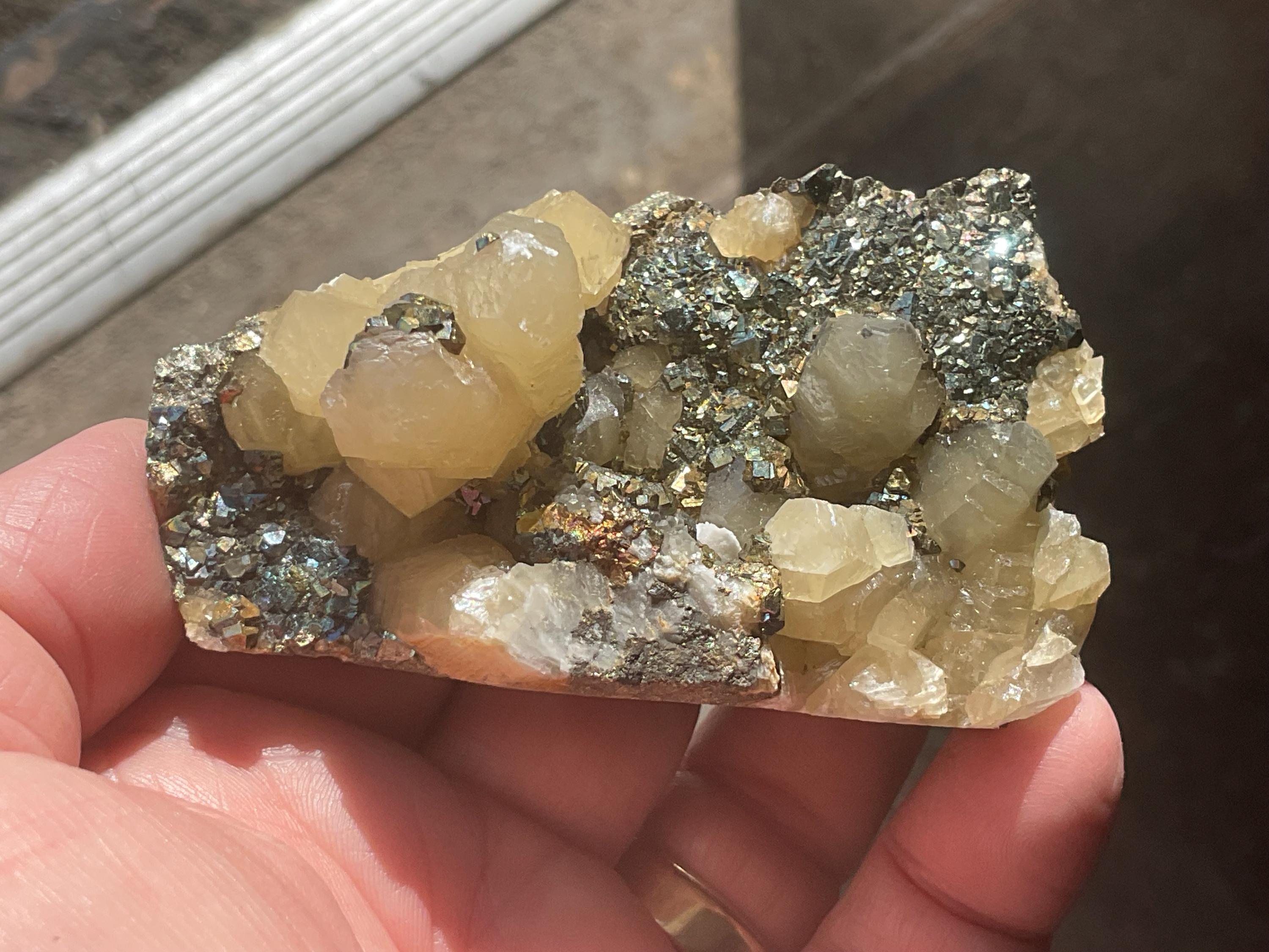198g Iridescent Pyrite and Chalcopyrite on Calcite Specimen B from Inner Mongolia