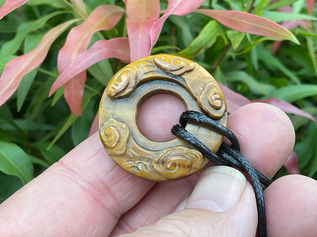 Tiger Eye Donut (Pi Stone) Flower Pendant C