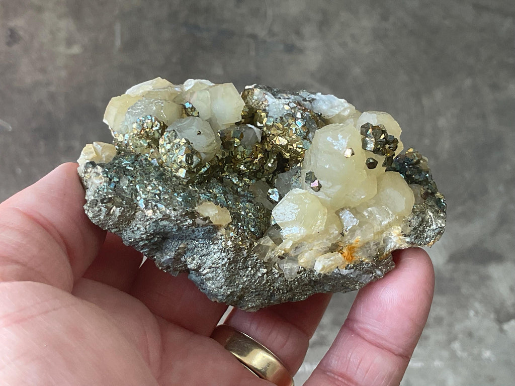 198g Iridescent Pyrite and Chalcopyrite on Calcite Specimen B from Inner Mongolia