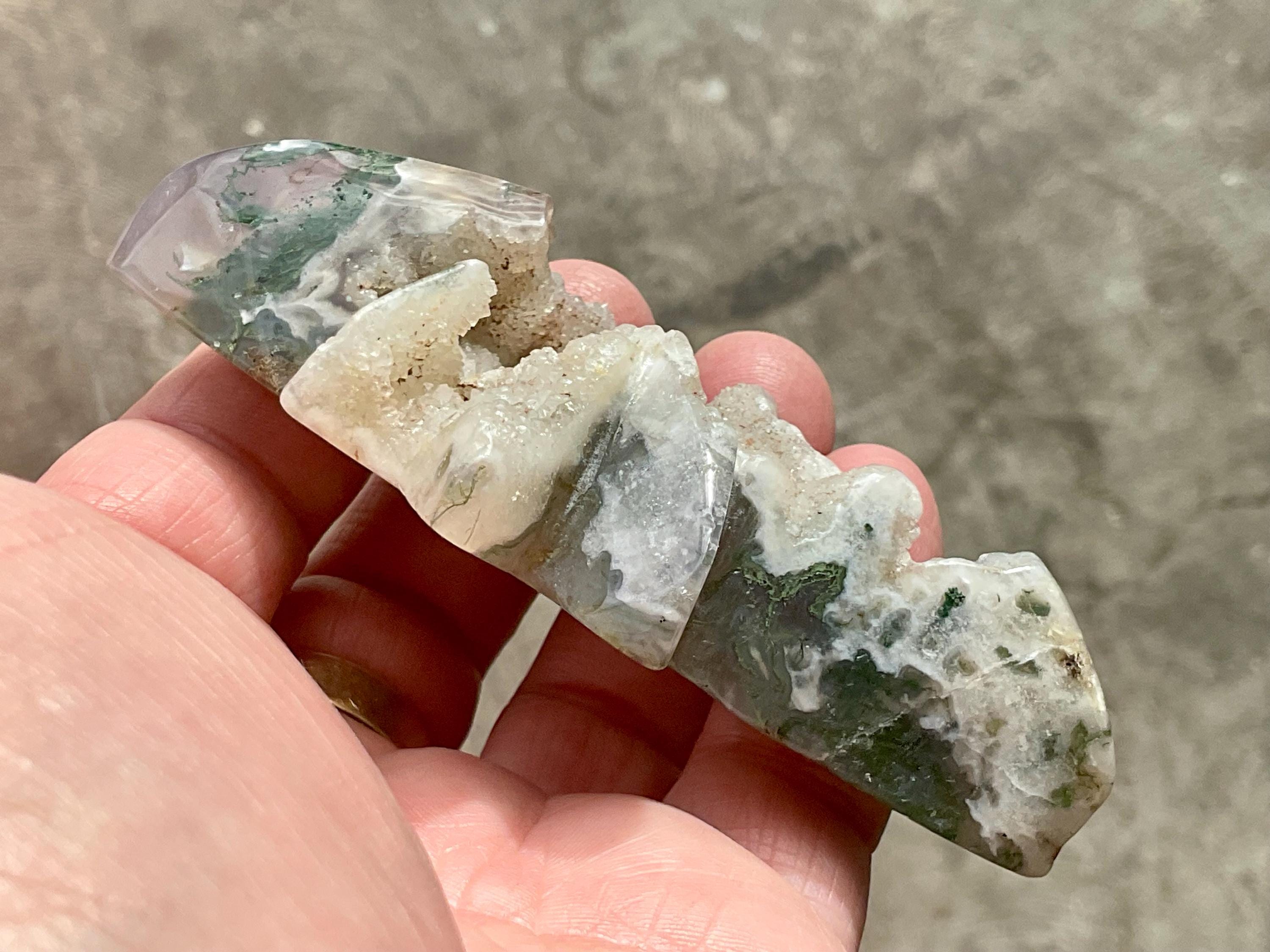 94g Moss Agate Polaris Carving with stand 1C