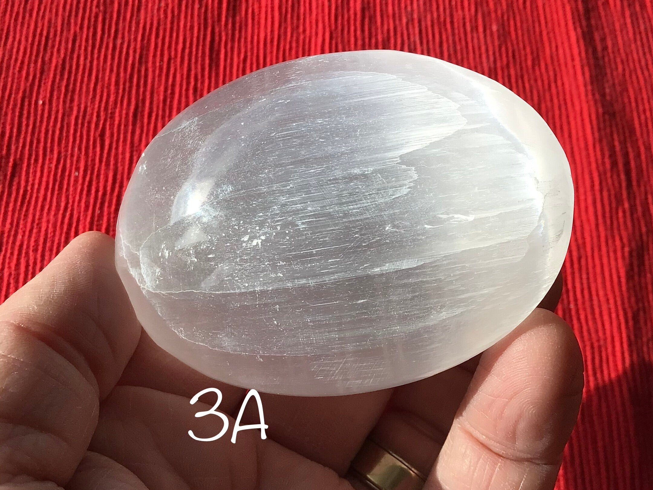 Flower of Life Etched Selenite Palmstones 3A