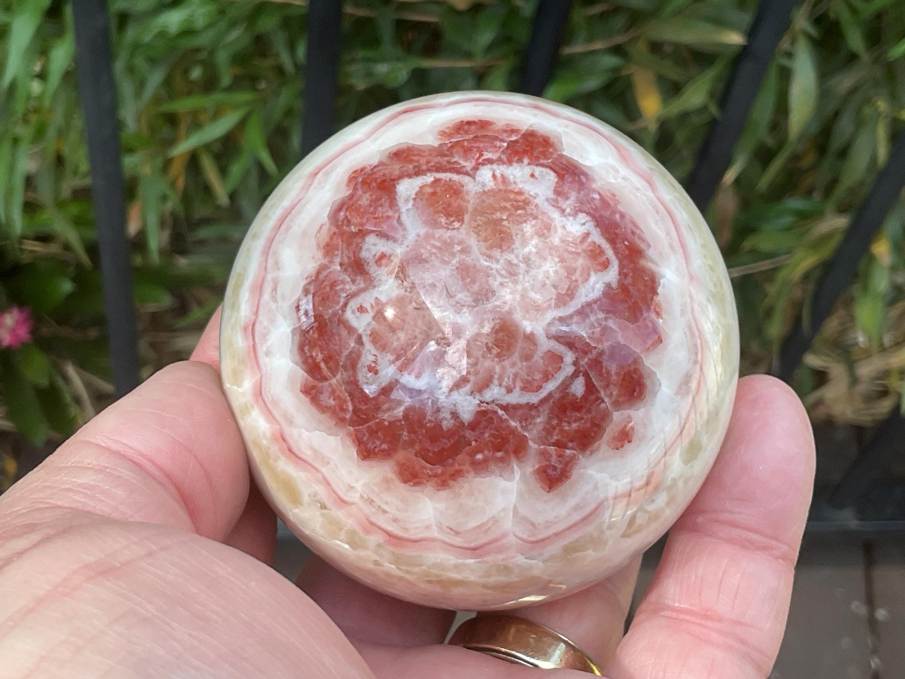 452g (6.3cm diameter) Red Banded Calcite Sphere C