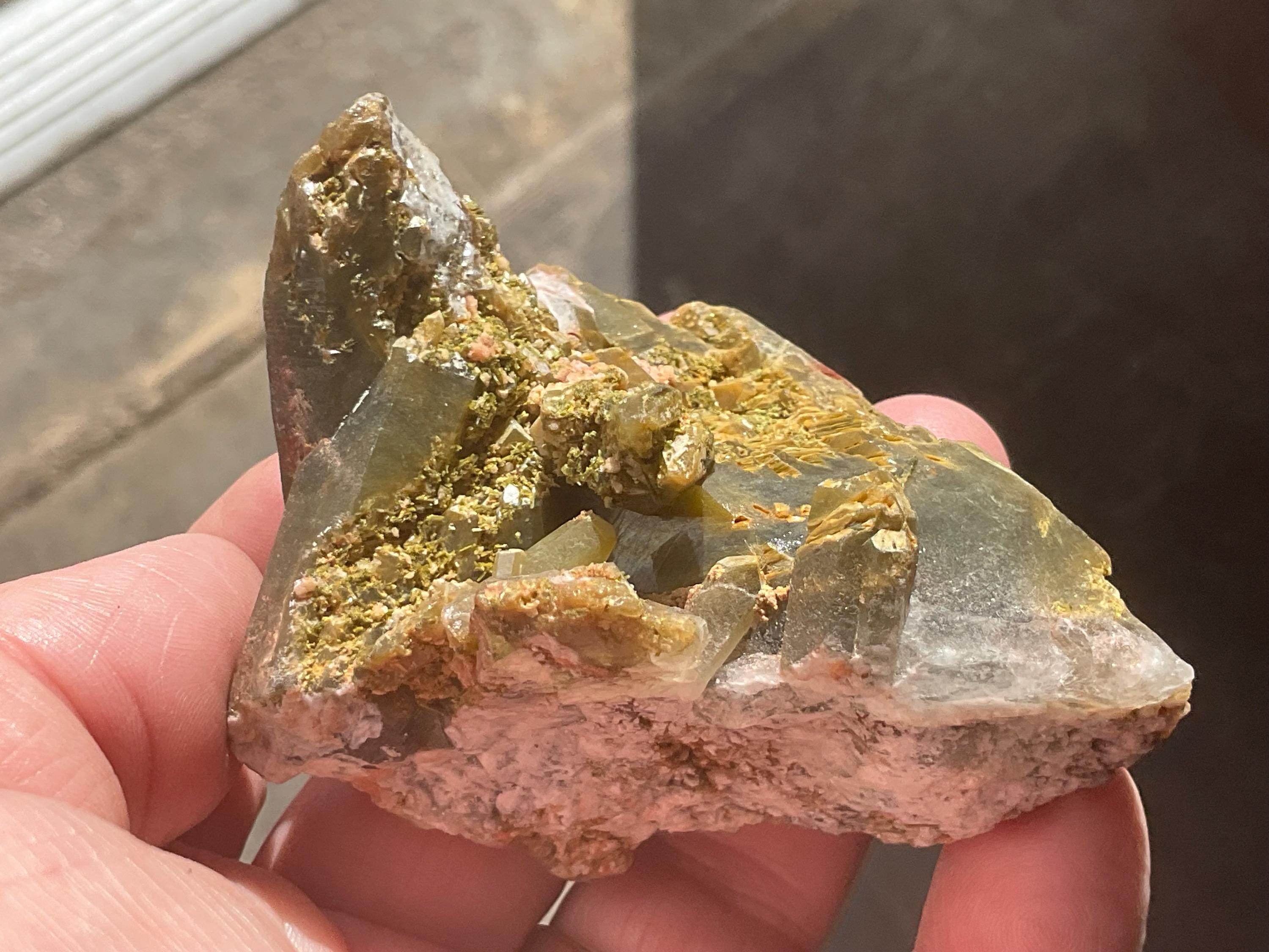 140g Epidote and Pink Dolomite on Smokey Quartz Specimen A from Inner Mongolia