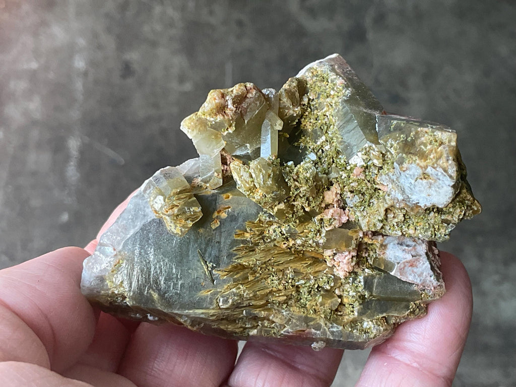 140g Epidote and Pink Dolomite on Smokey Quartz Specimen A from Inner Mongolia