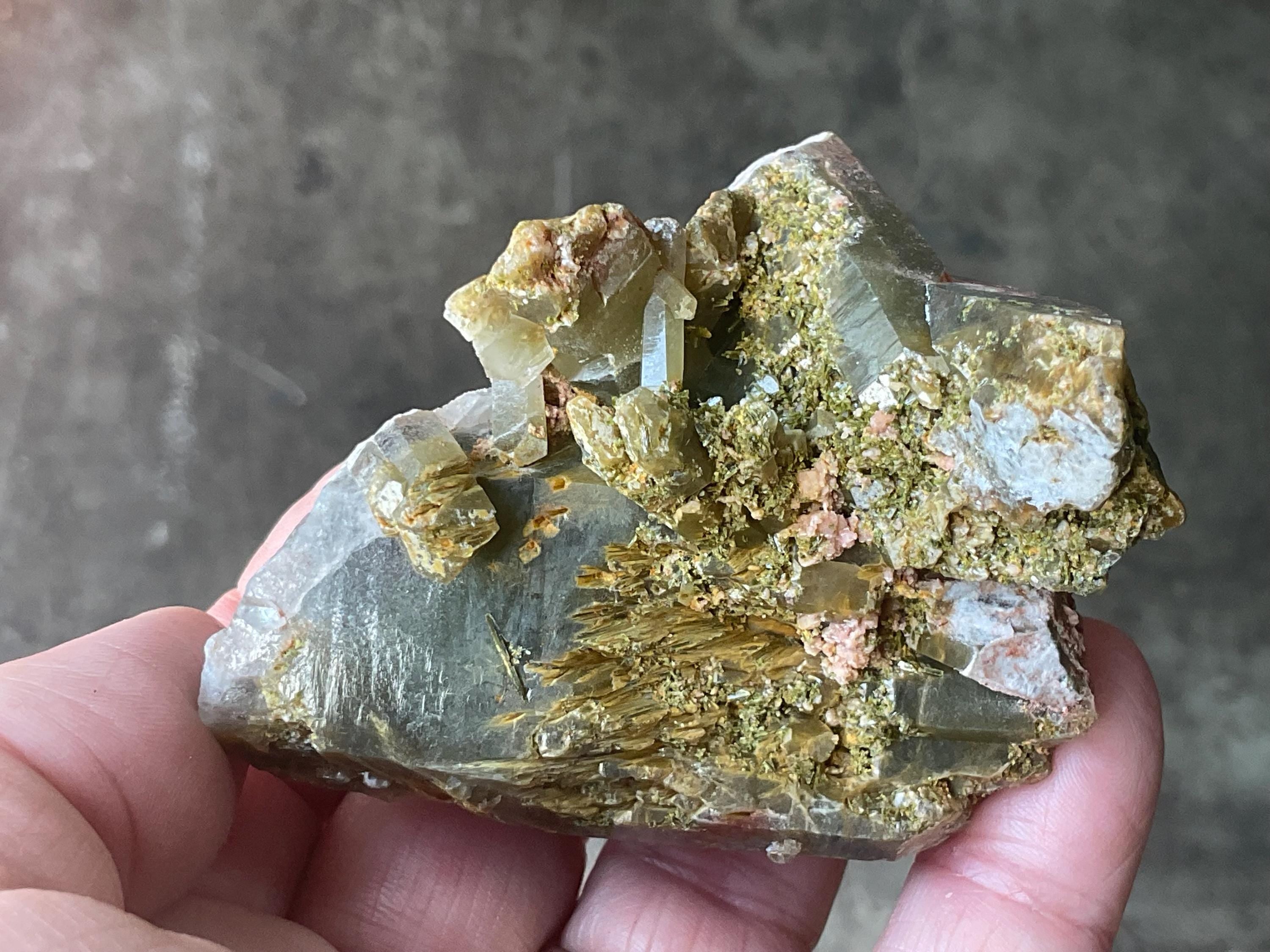 140g Epidote and Pink Dolomite on Smokey Quartz Specimen A from Inner Mongolia