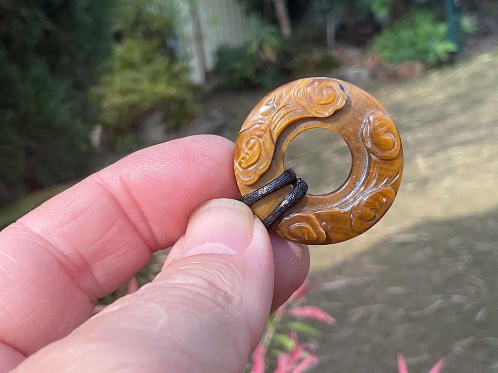Tiger Eye Donut (Pi Stone) Flower Pendant C