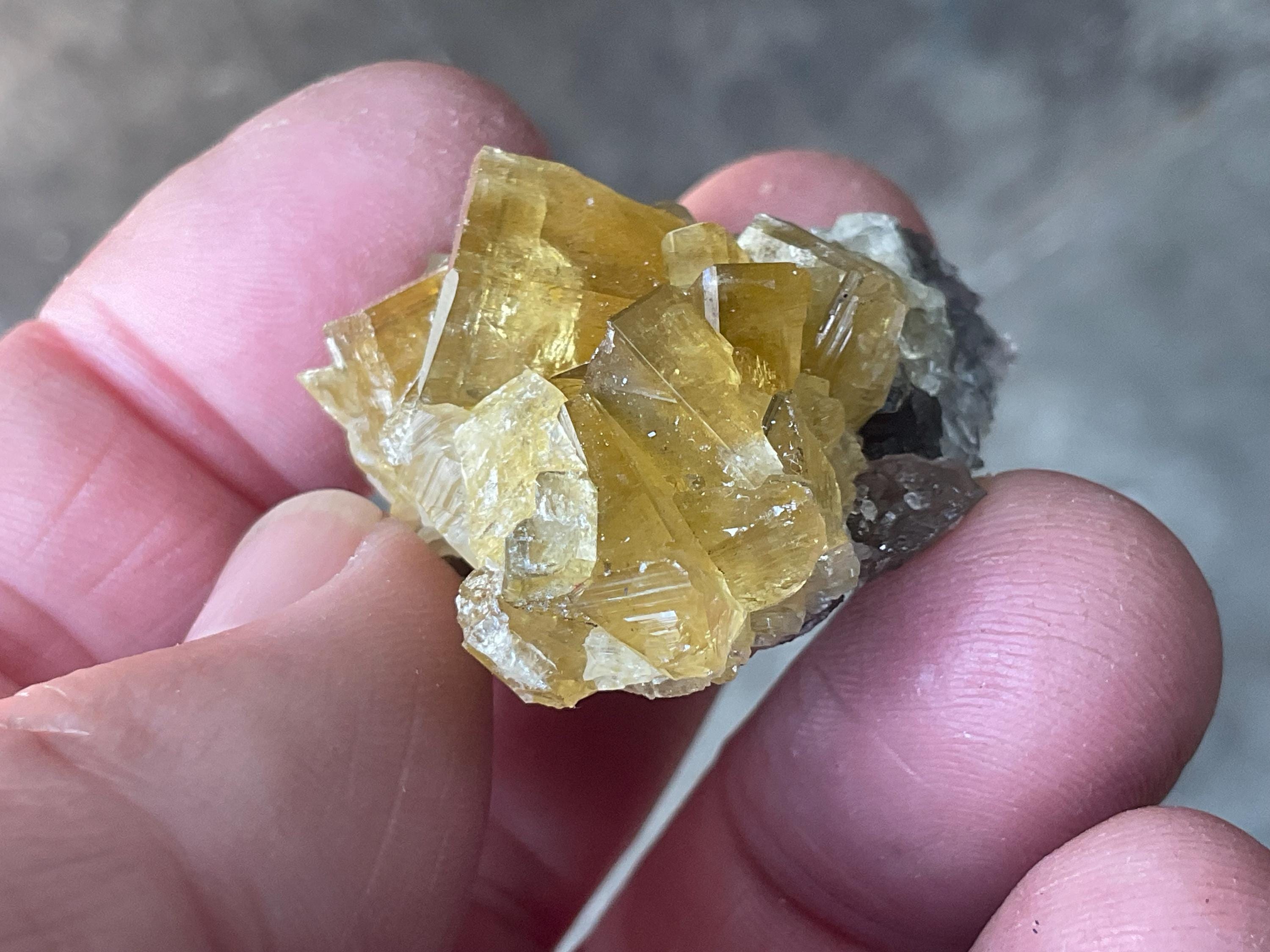 38g Tabular Golden Baryte on Botryoidal Fluorite Specimen 5A from Jiangxi