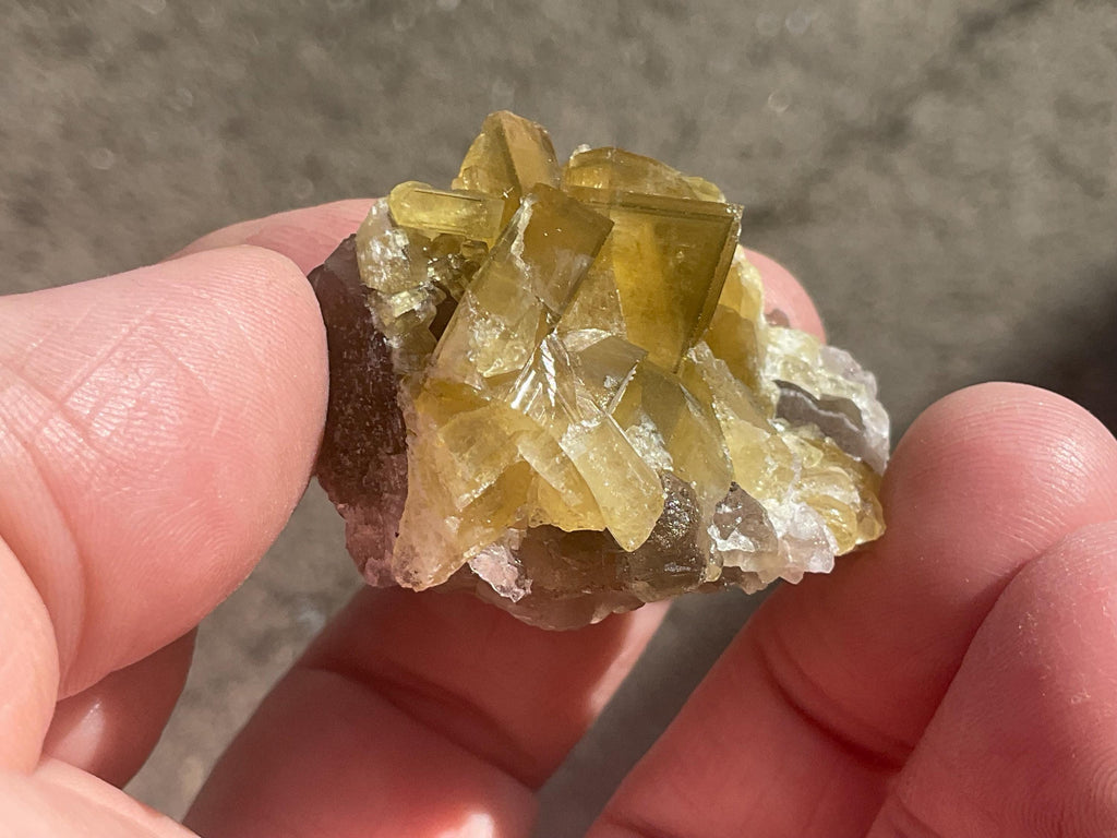 40g Tabular Golden Baryte on Botryoidal Fluorite Specimen 1A from Jiangxi
