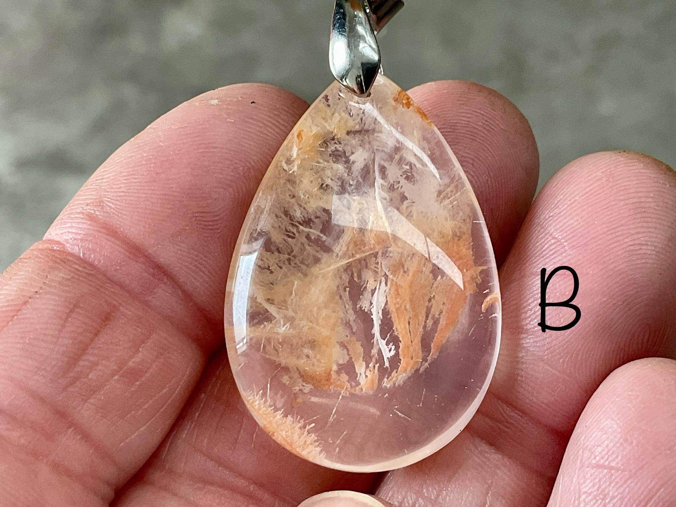 White Feather with Hematite Garden Quartz Pendant 2B