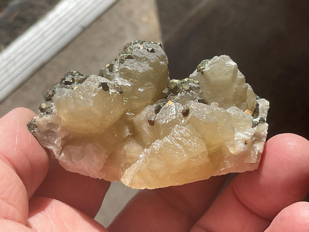 118g Iridescent Pyrite and Chalcopyrite on Stacked Calcite Specimen A from Inner Mongolia