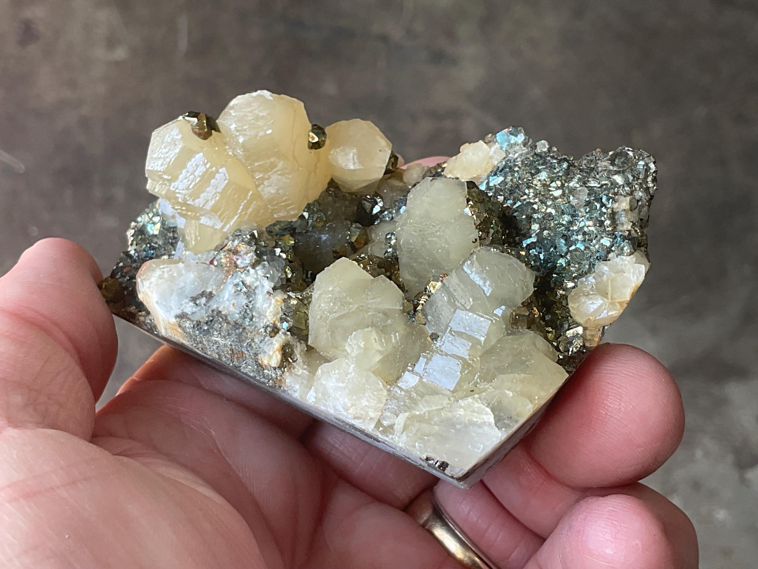 198g Iridescent Pyrite and Chalcopyrite on Calcite Specimen B from Inner Mongolia