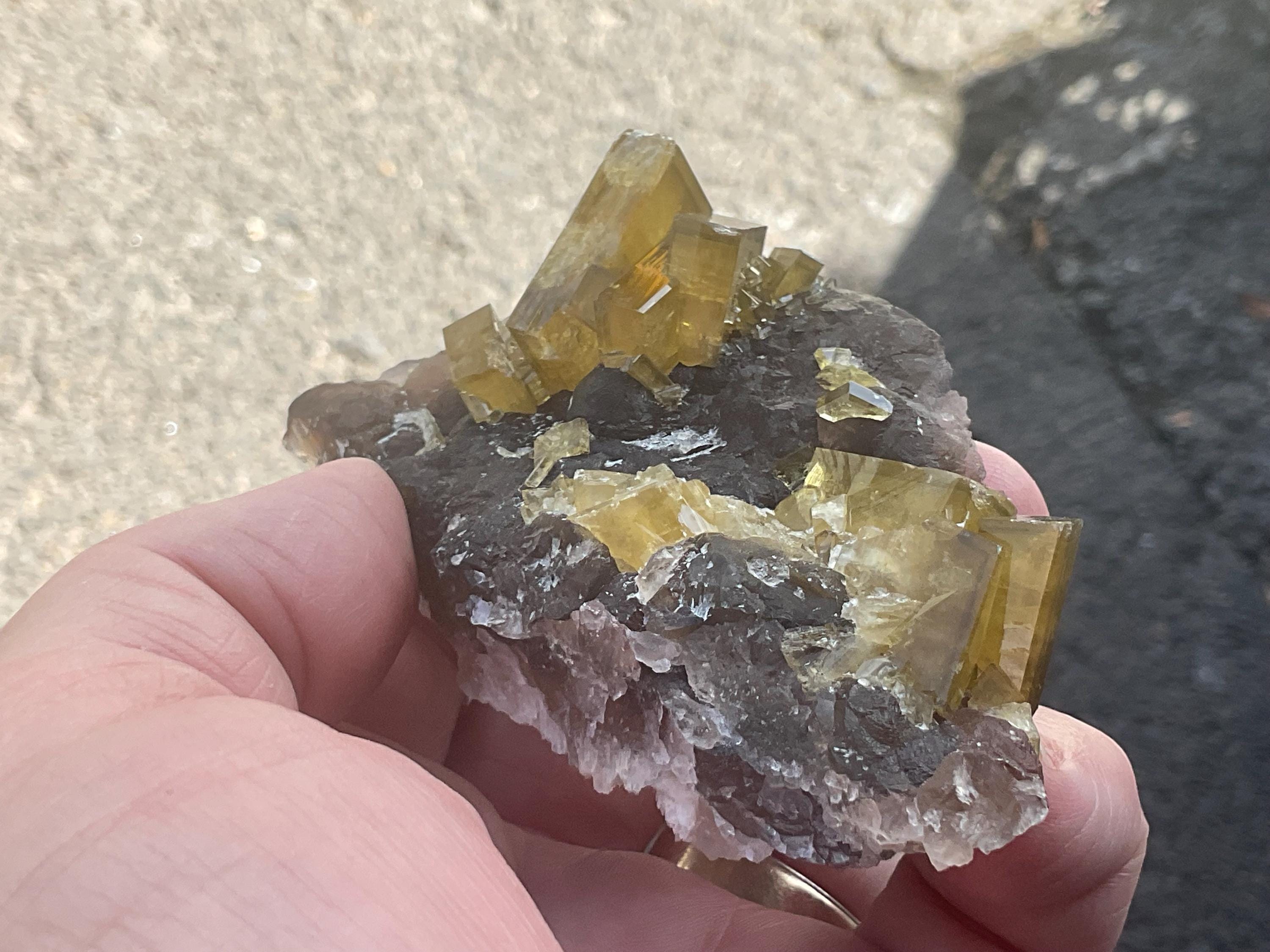 162g Tabular Golden Baryte on Botryoidal Fluorite Specimen 3A from Jiangxi