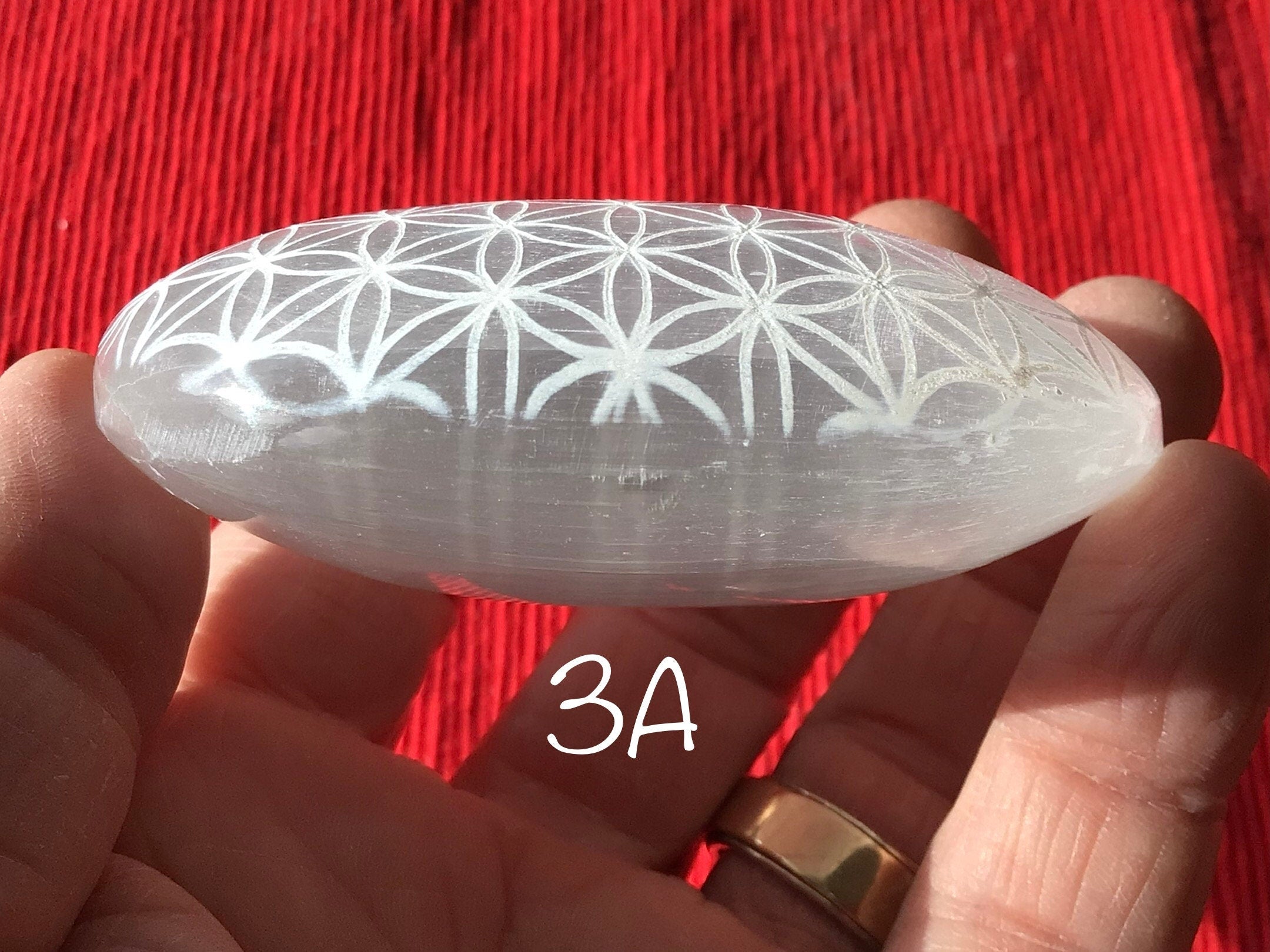 Flower of Life Etched Selenite Palmstones 3A
