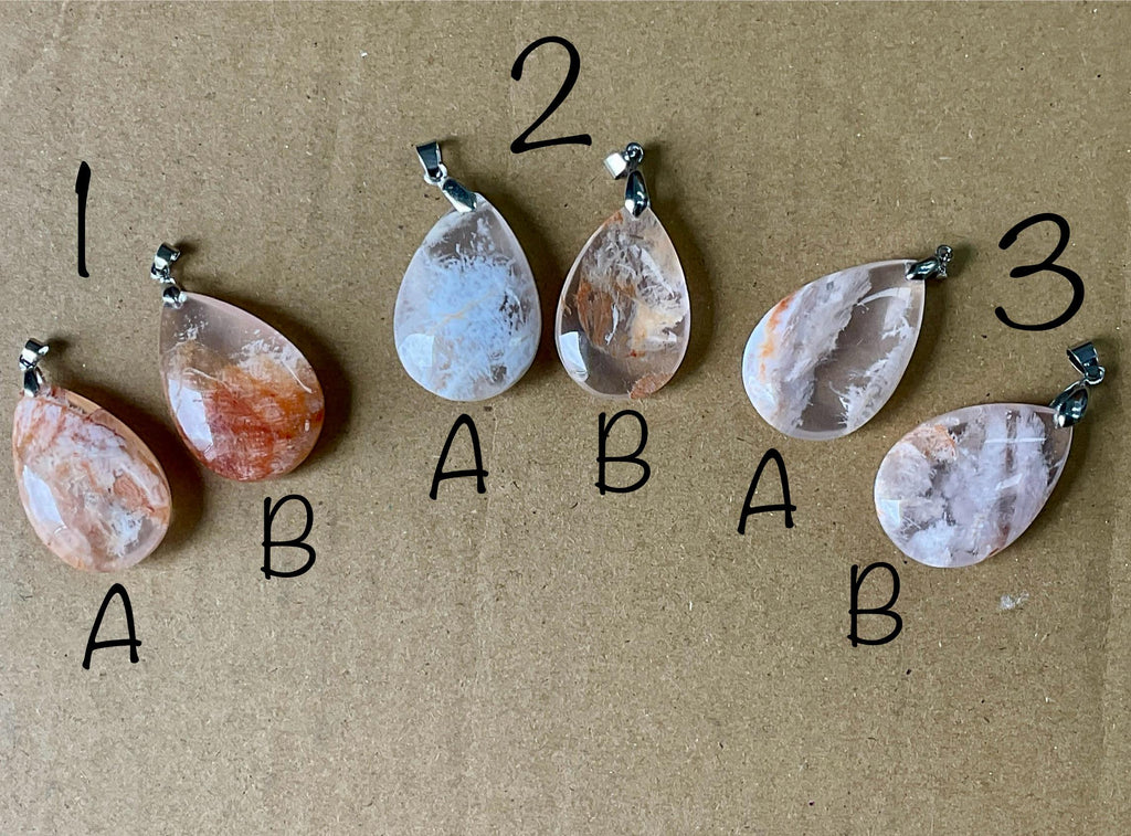 White Feather with Hematite Garden Quartz Pendant 2A