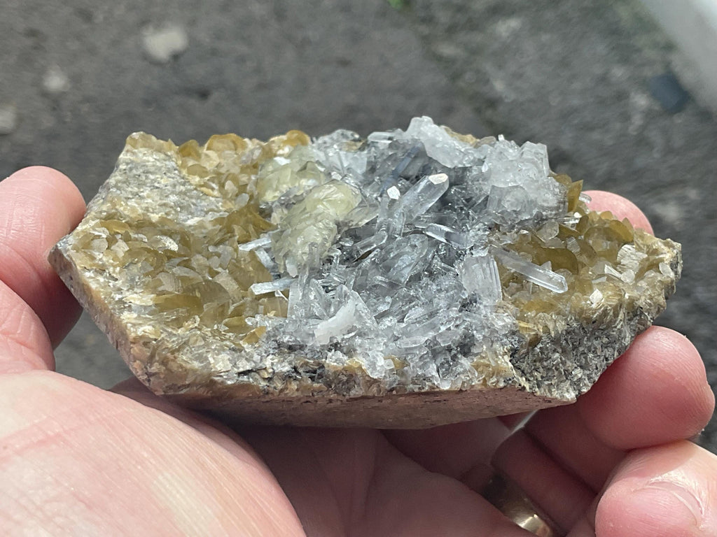 232g Golden Bladed Siderite on Quartz with Botryoidal Fluorite Specimen from Guizhou, China