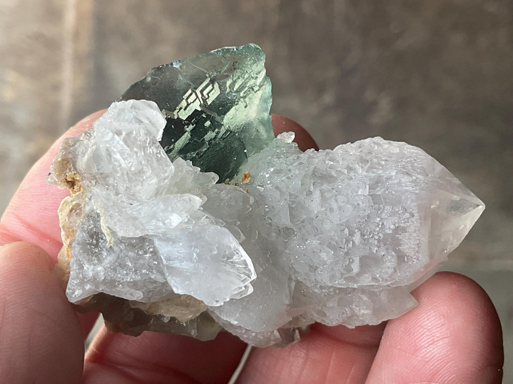 52g Etched Photochromic Fluorite on Clear Candle Quartz Cluster from the Erongo Mountains, Namibia