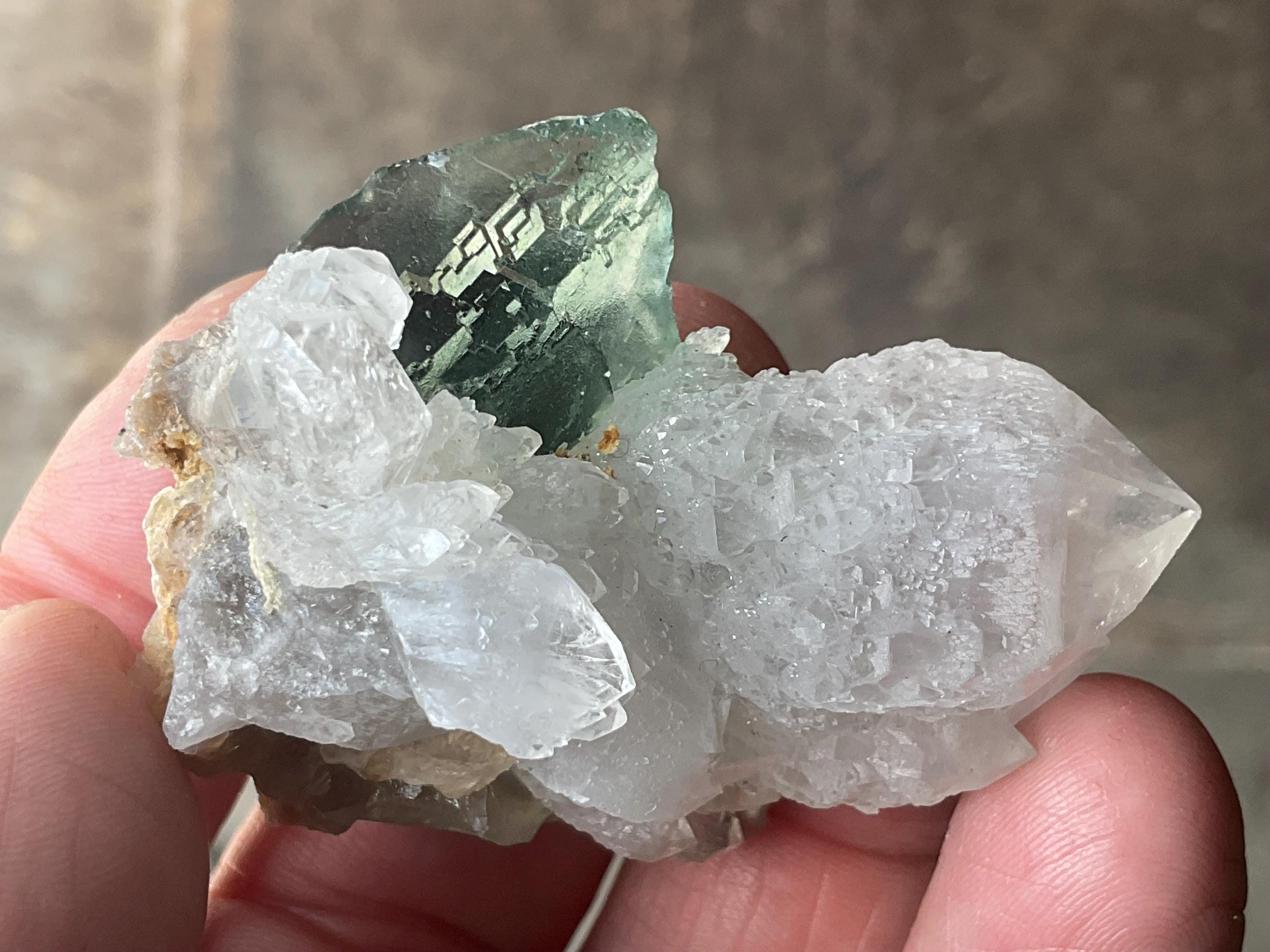 52g Etched Photochromic Fluorite on Clear Candle Quartz Cluster from the Erongo Mountains, Namibia
