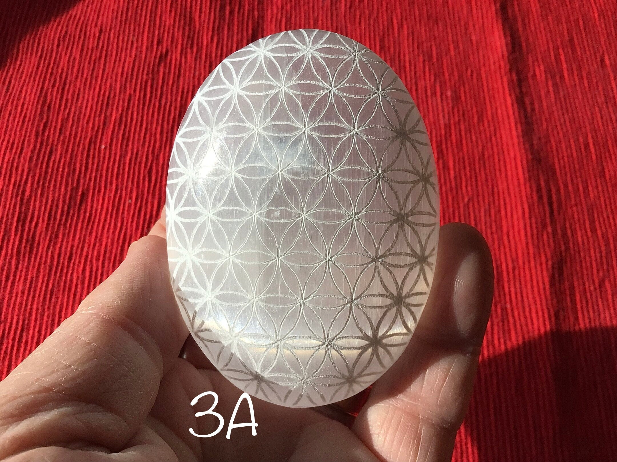 Flower of Life Etched Selenite Palmstones 3A