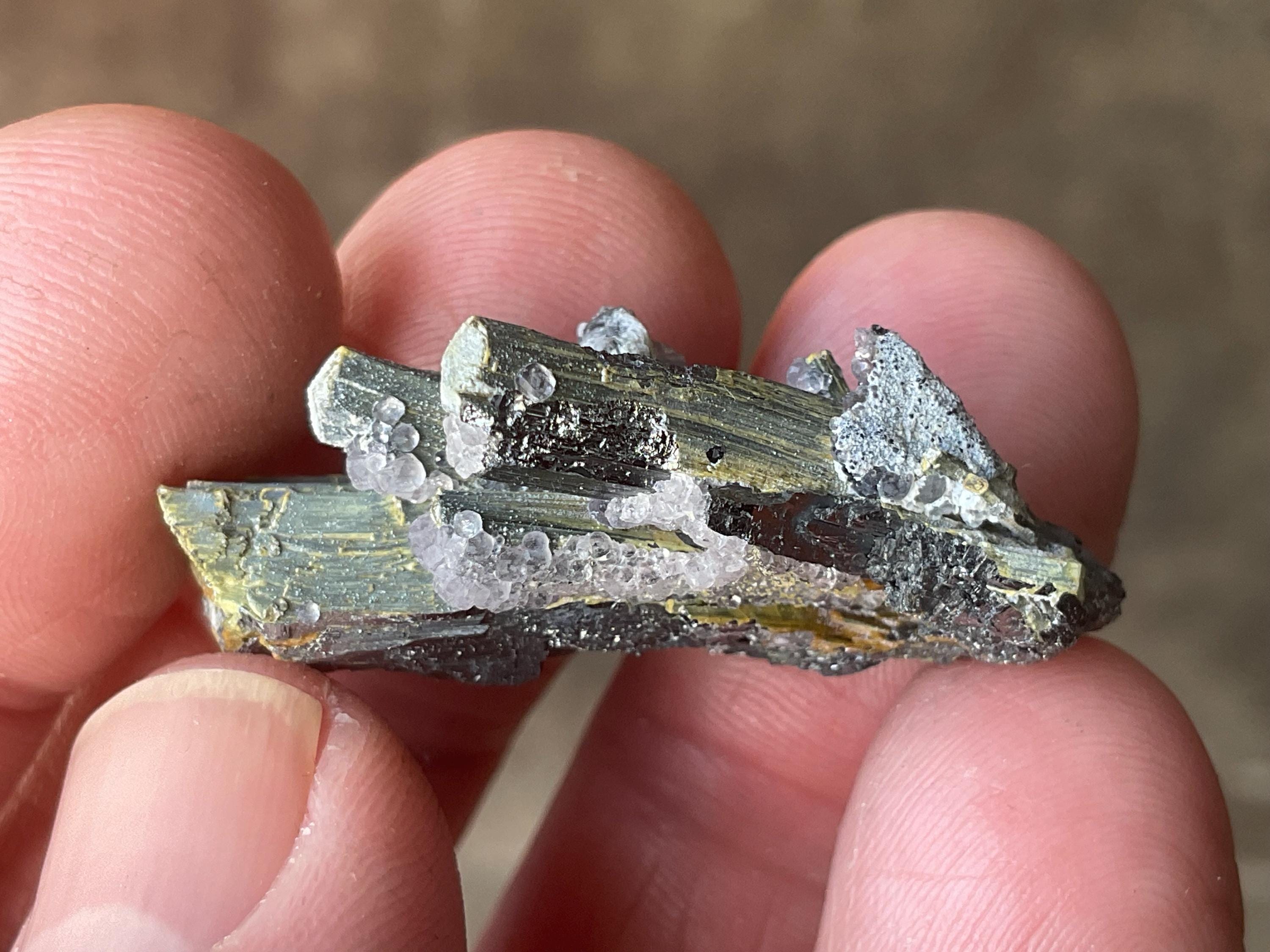 12g Botryoidal Fluorite with Valentinite on Stibnite Specimen 4A from Jiangxi, China