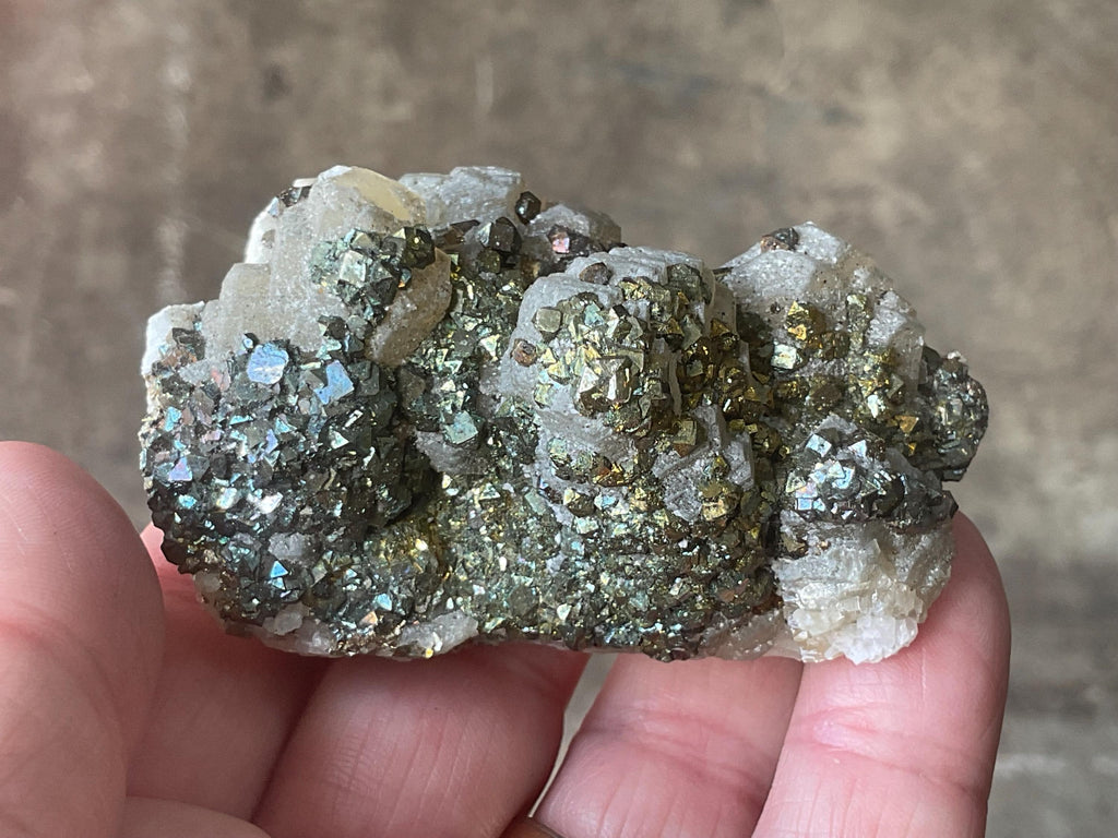 118g Iridescent Pyrite and Chalcopyrite on Stacked Calcite Specimen A from Inner Mongolia