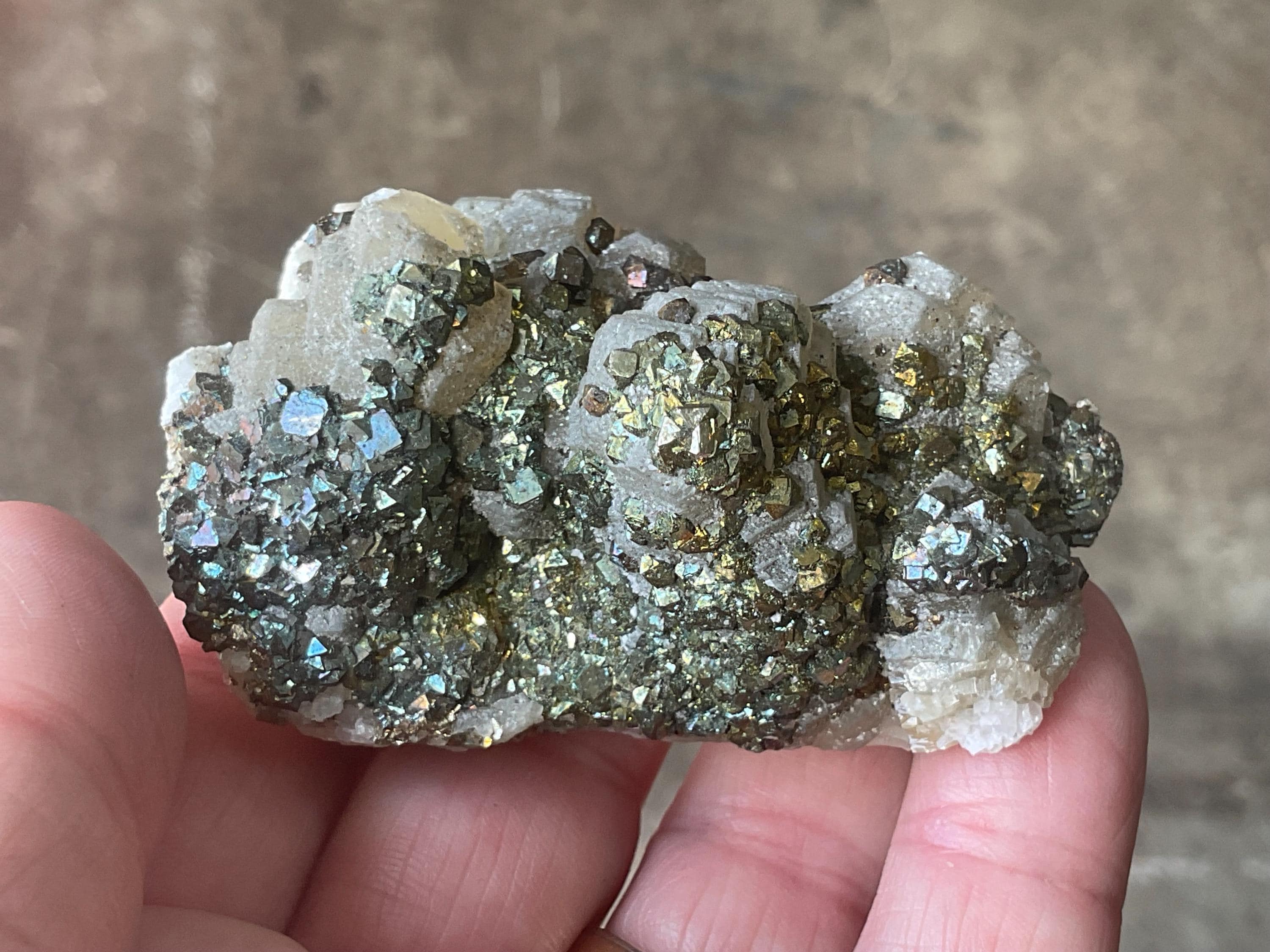 118g Iridescent Pyrite and Chalcopyrite on Stacked Calcite Specimen A from Inner Mongolia