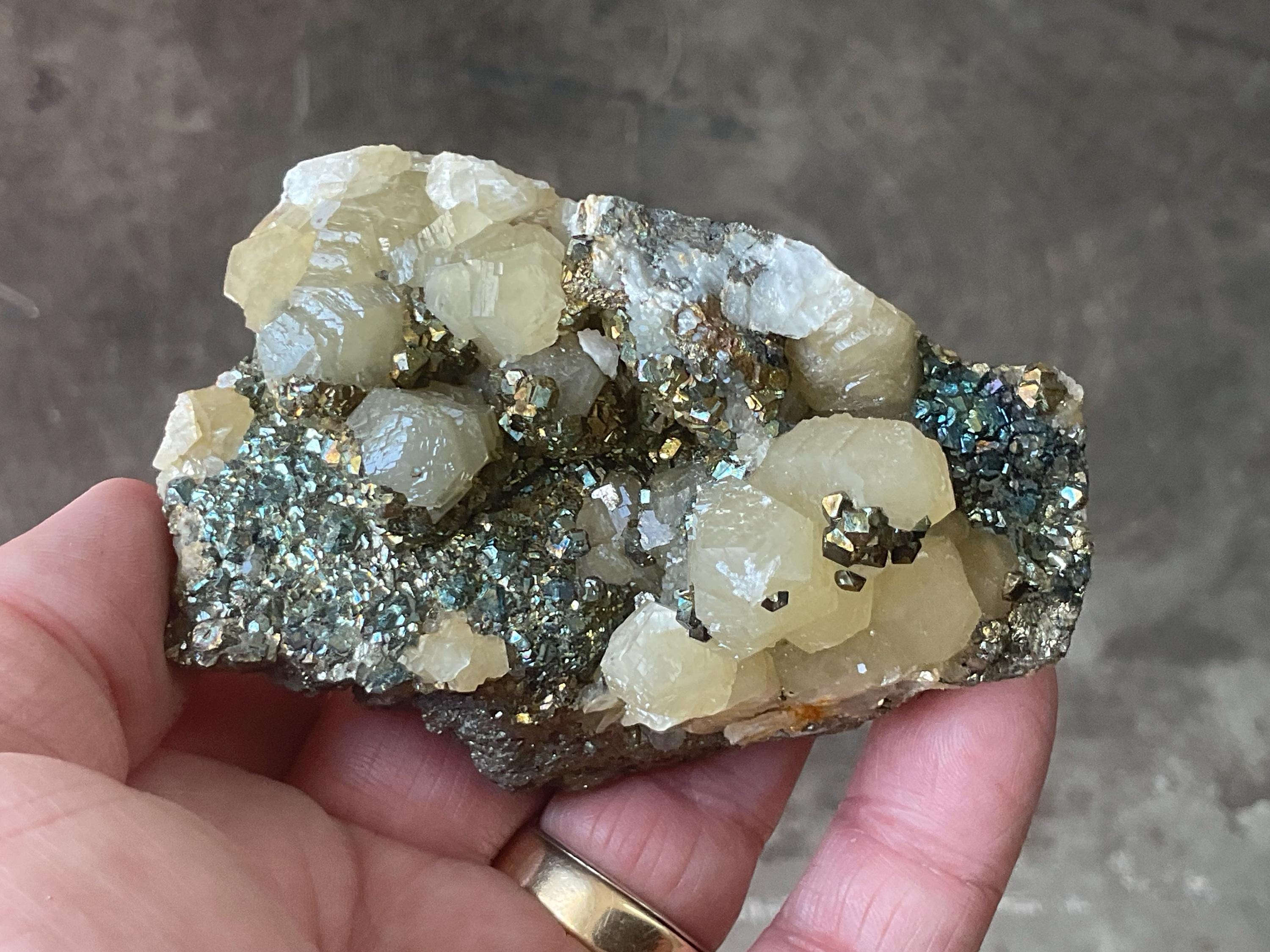 198g Iridescent Pyrite and Chalcopyrite on Calcite Specimen B from Inner Mongolia