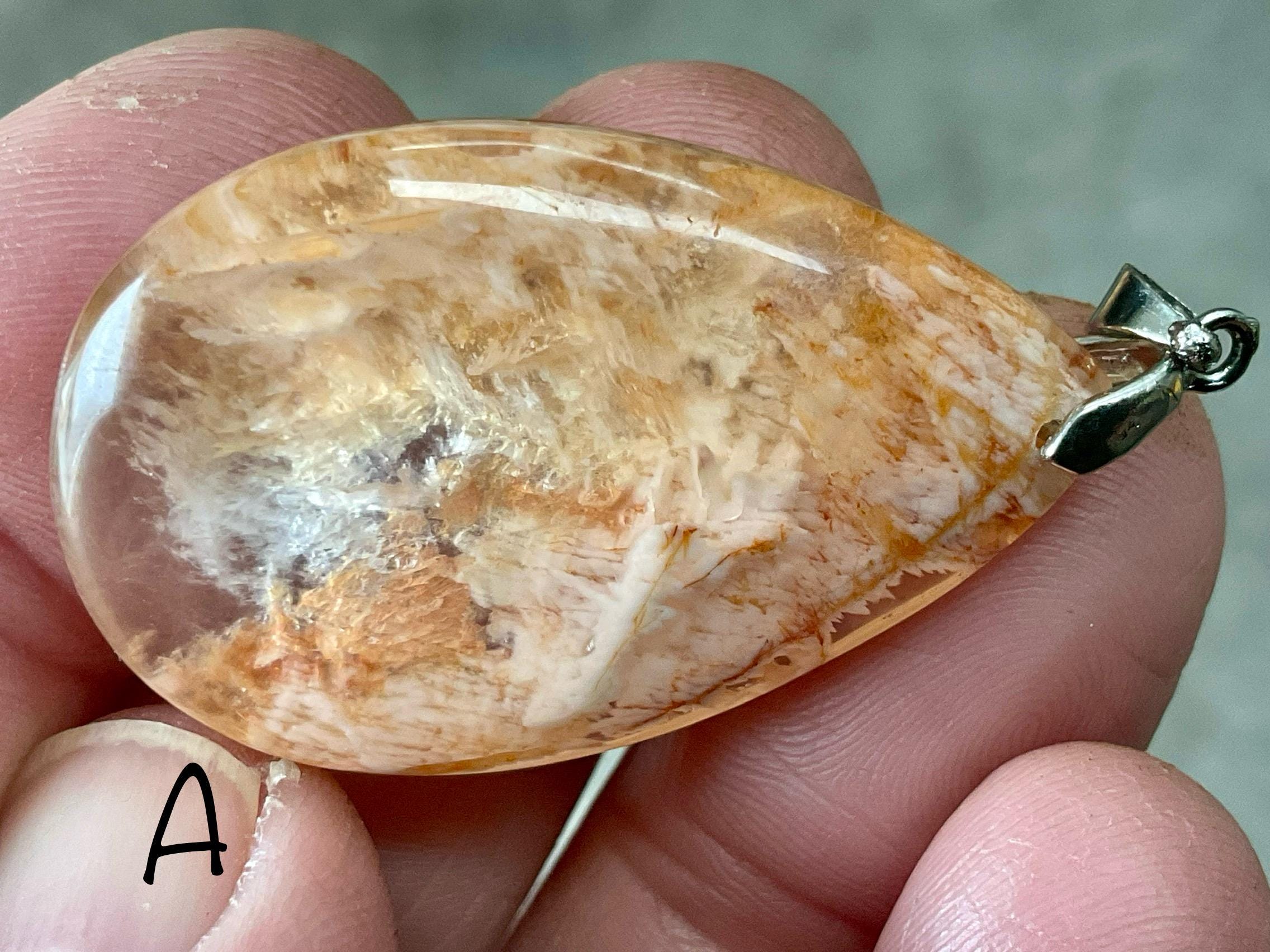 White Feather with Hematite Garden Quartz Pendant 1A