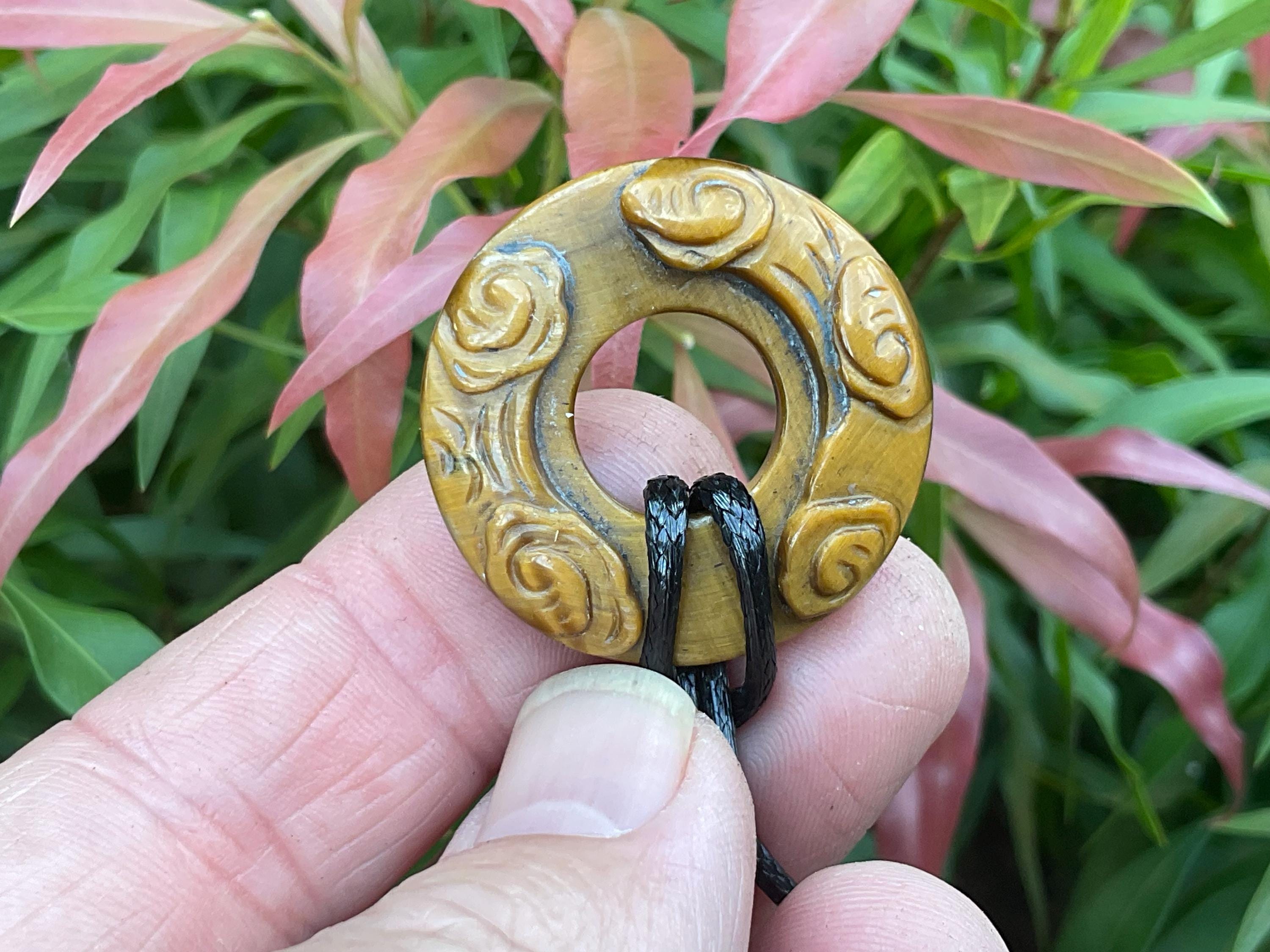 Tiger Eye Donut (Pi Stone) Flower Pendant C