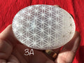 Flower of Life Etched Selenite Palmstones 3A