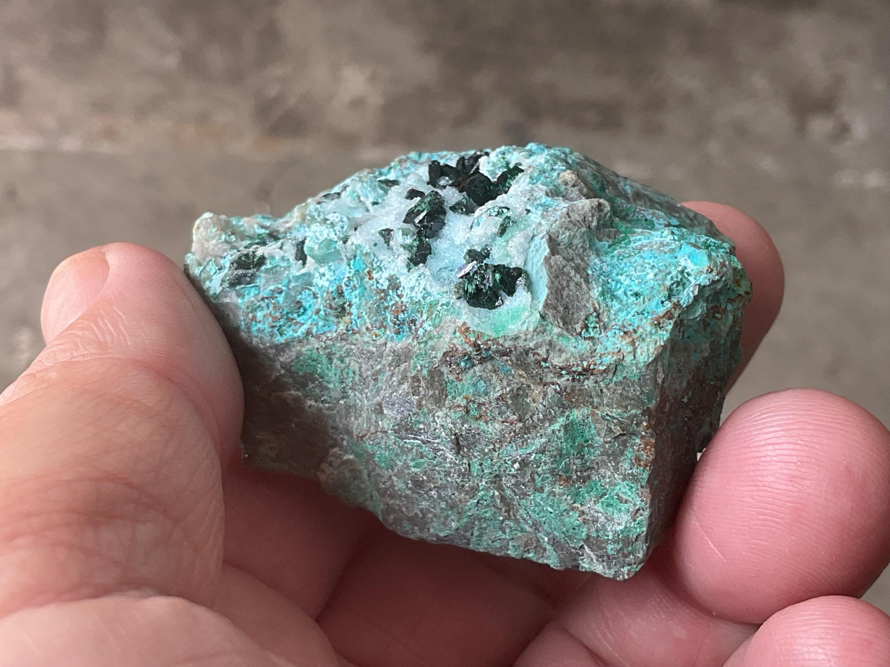 84g Libethenite, Chrysocolla, Malachite and Druzy Quartz Specimen A