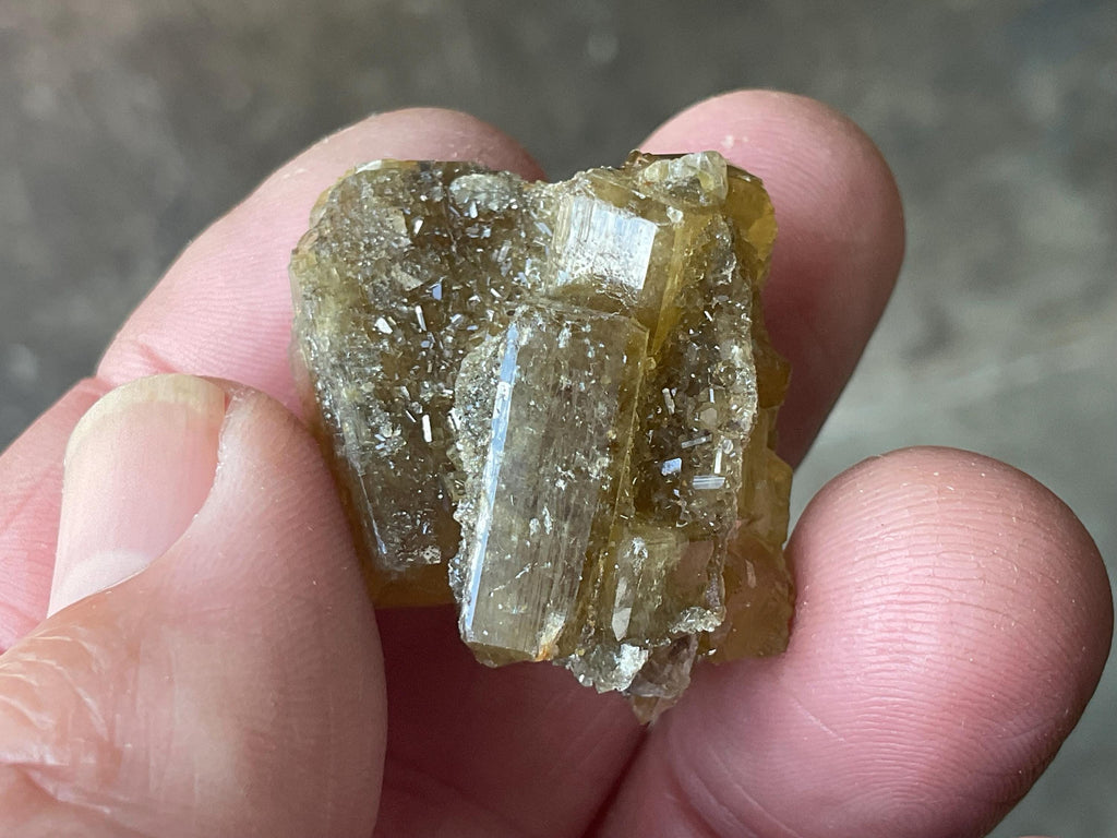 24g Tabular Golden Baryte on Botryoidal Fluorite Specimen 4B from Jiangxi