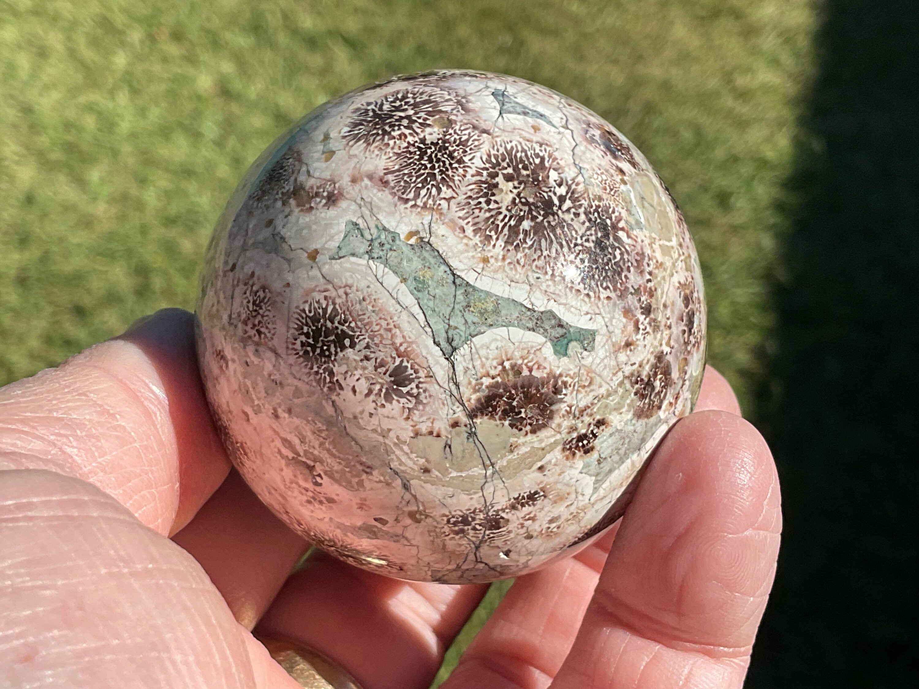 220g Green Cherry Blossom Jasper Sphere 5B
